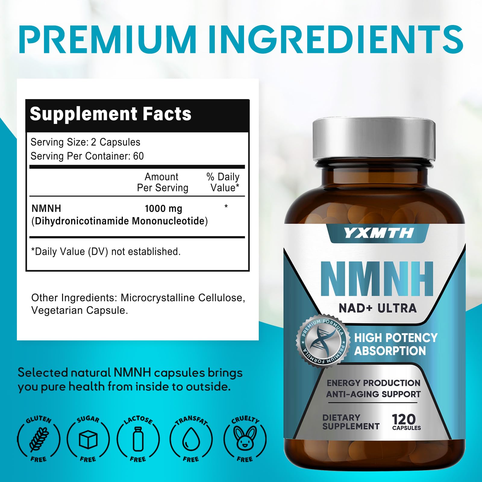 NMNH Kapseln hochdosiert, 2000 mg, 120 Stück,Für natürlichen Energieboost, Konzentration & Anti-Aging-Optimiert NAD+-Spiegel,Unterstützt Zellregeneration