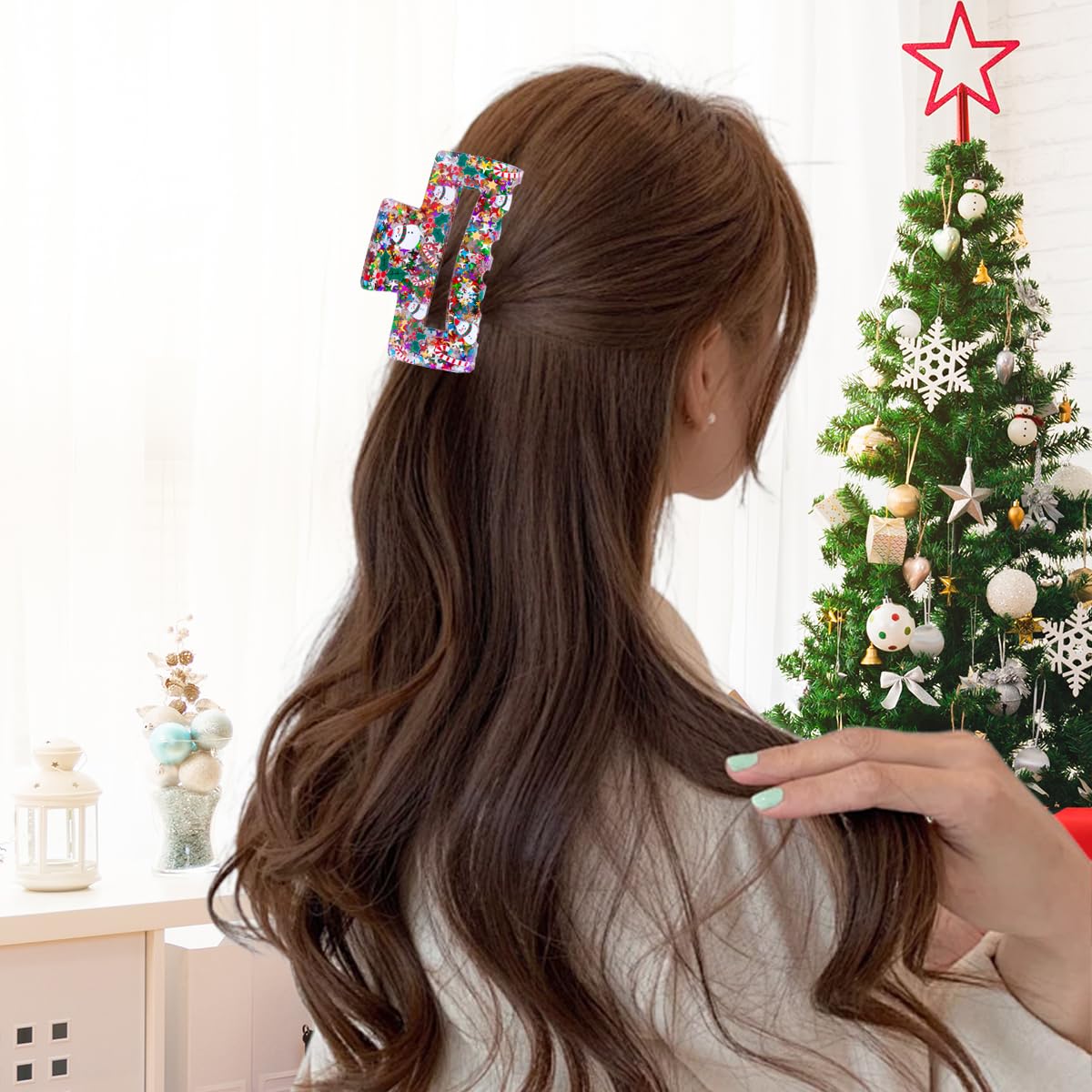 Glitter Christmas Hair Claw Clips for Women, Sparkly Santa Claus & Snowmen Hair Claw Shiny Stars Claw Clip for Tick Hair Strong Hold Hair Jaw Xmas Hair Accessory for Christmas Party - Image 4