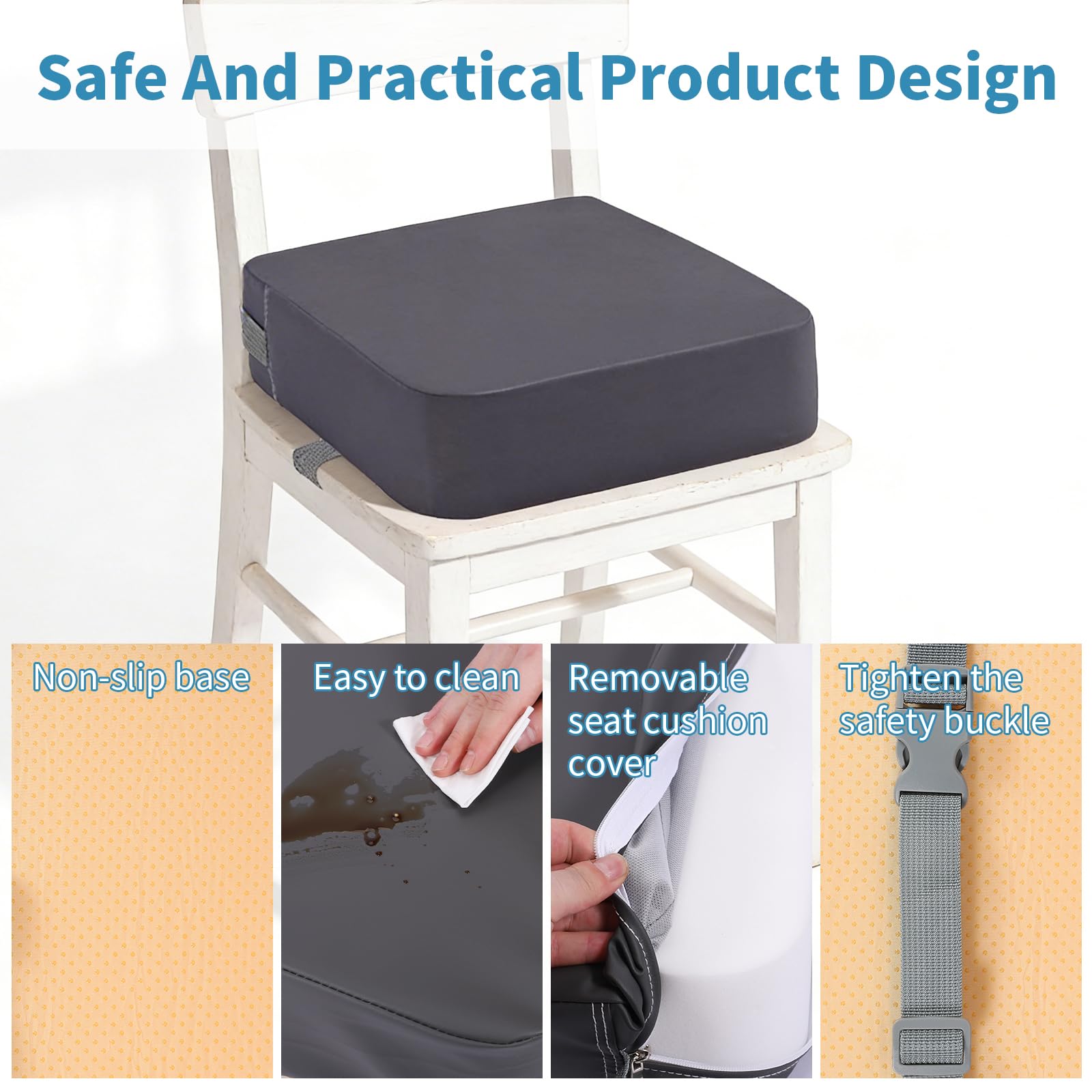 Alzador de Asiento para Niños 8cm, con 2 Correas de Seguridad Antideslizantes, Funda Lavable Extraíble y Portátil de Espuma de Alta Densidad, para Comer, Tocar el Piano, Viajar (Gris) - 4