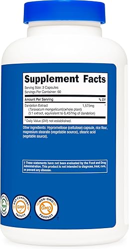 Miniatura 5 de Nutricost Cápsulas de extracto de raíz de diente de león, 525 mg (180 cápsulas), 1575 mg por porción, sin OMG, sin gluten