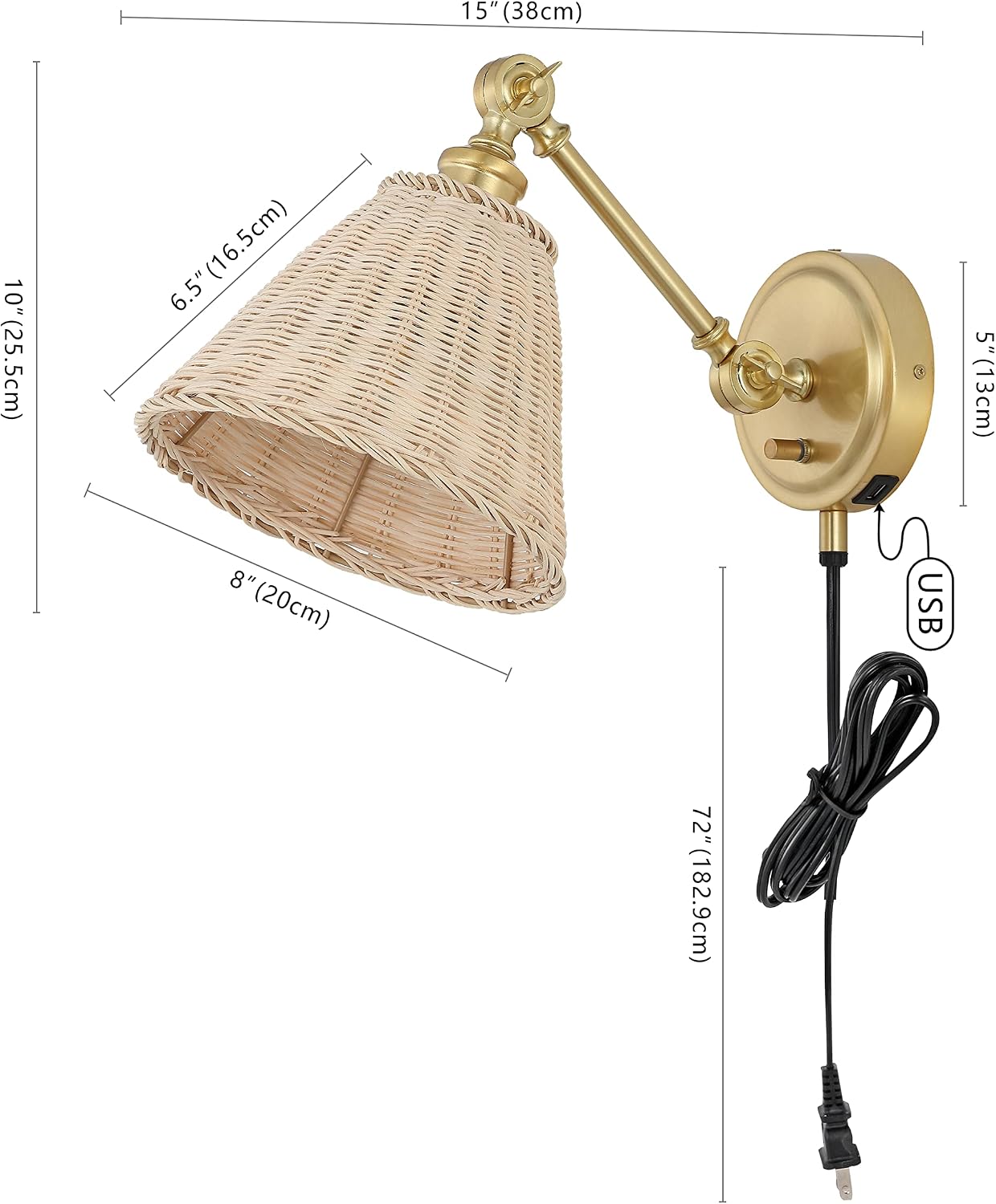SAFAVIEH Lighting Collection Oswynn Boho Coastal Natural Rattan/Brass USB Port Wall Sconce Set of 2