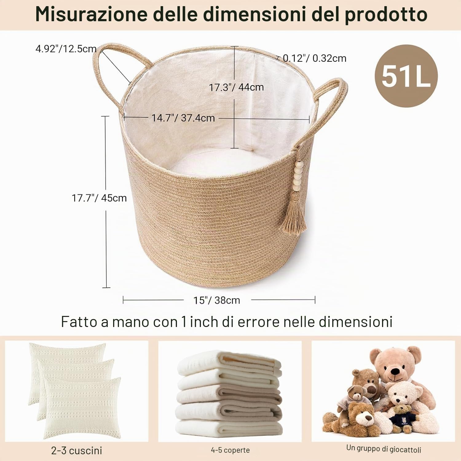 Mkono Cesto portabiancheria alto in vimini intrecciato, decorativo, in corda naturale, con perline in legno, decorazione per coperte, giocattoli, vestiti, scarpe, organizer per piante con manici, per