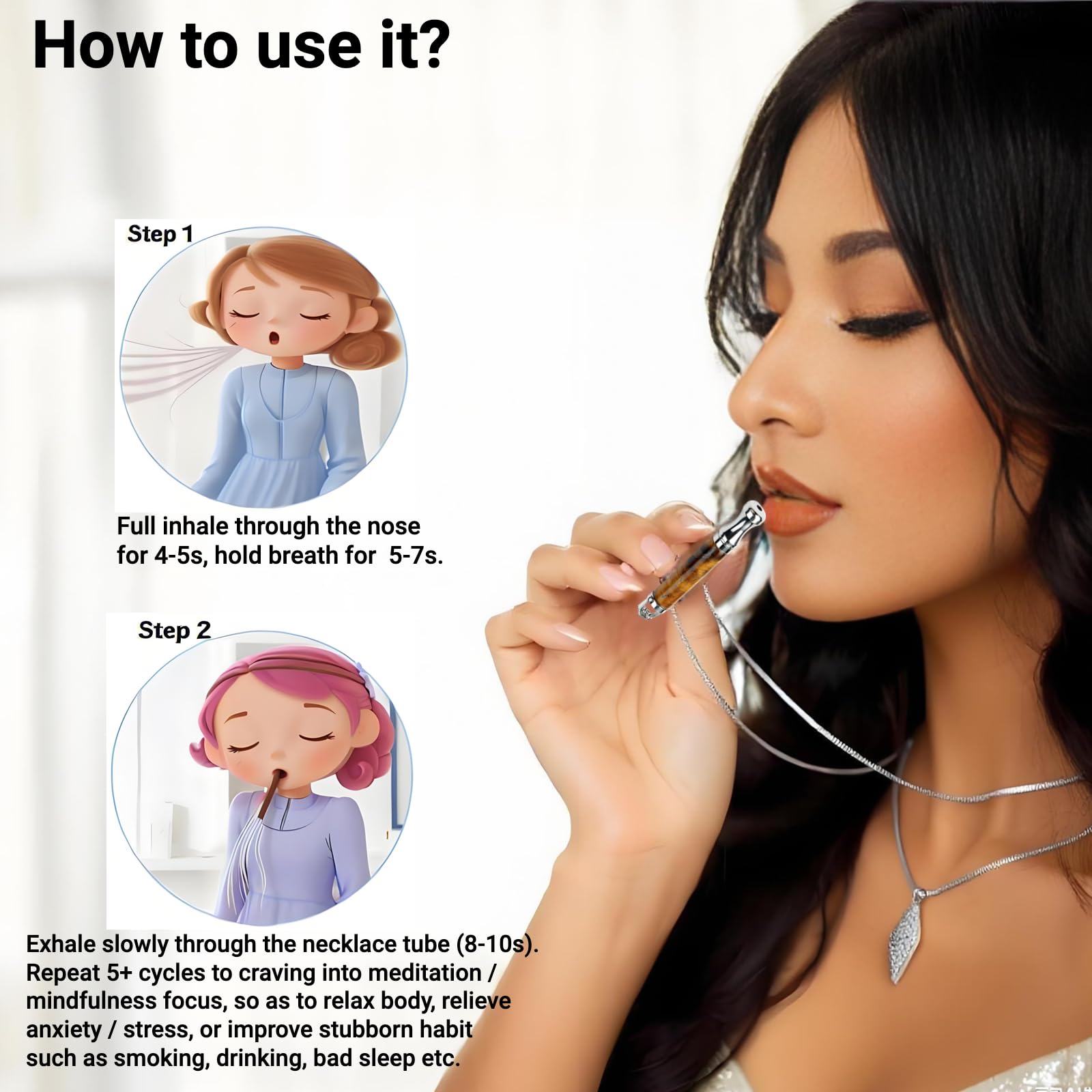 Collar de Respiración con Piedra de Ojo de Tigre y Aromaterapia Cadena de Acero Inoxidable de 70cm Herramienta de Meditación Atención Plena para Calmar,Ayudar a Dormir y Aliviar la Ansiedad el Estrés