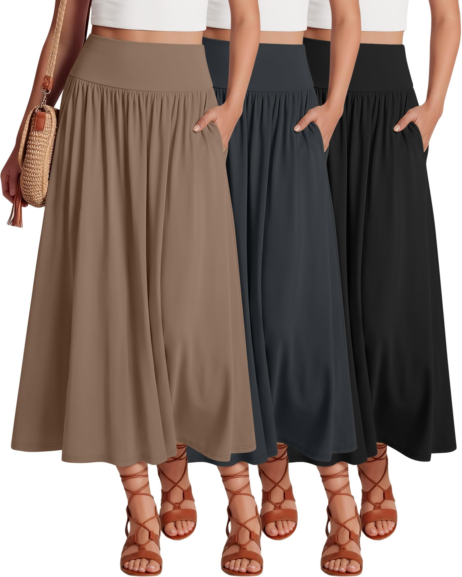 Ficerd Paquete de 3 Faldas Largas Maxi para Mujer, hasta el Tobillo, Cintura Alta, Verano, con Bolsillos