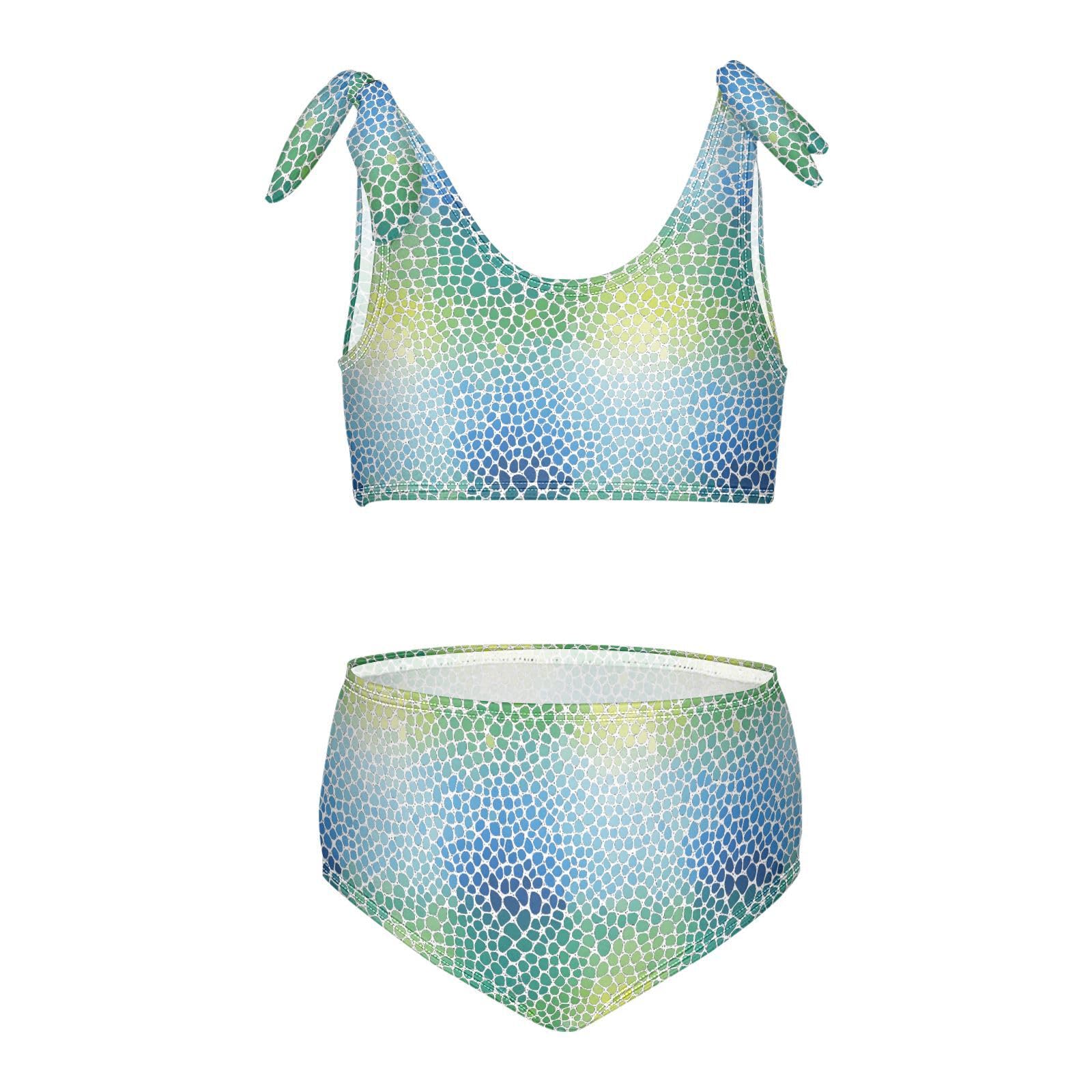 Colorful Pattern Girls Two Piece Tankini Swimsuits Summer Bathing Suit Beach Swimwear Set, 11-12T