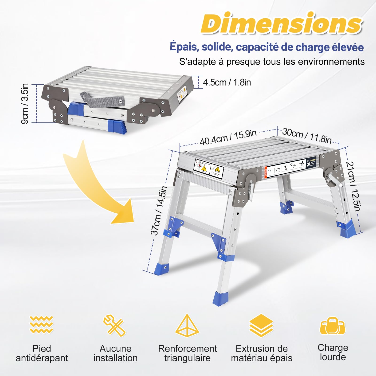 Plateforme de Travail Réglable en Aluminium, Repose-Pieds Réglable en Hauteur à 3 Positions (32-42 cm), Escabeau pour Maison, Bureau et Garage, Échelle à Marches avec Verrous de Sécurité