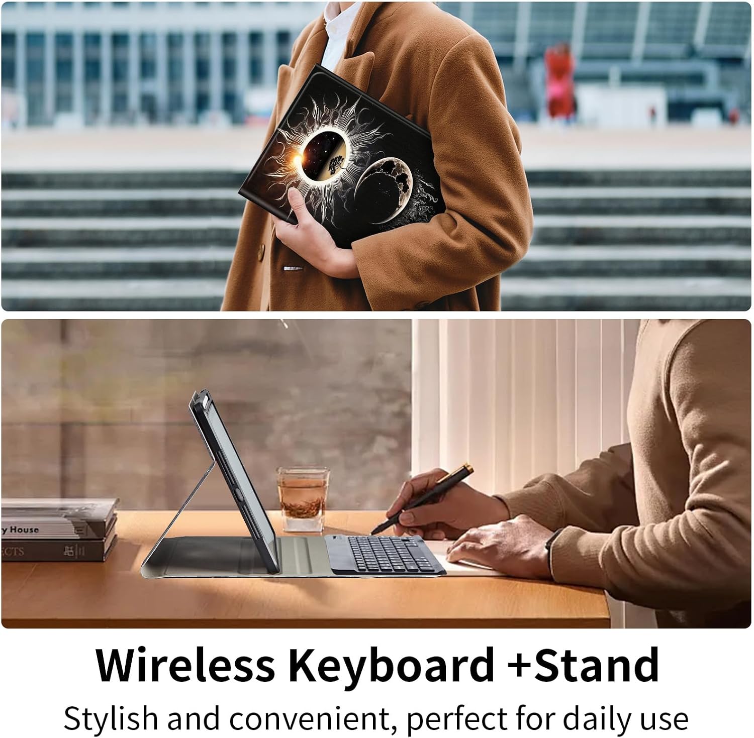 Keyboard Case for Samsung Galaxy Tab S9 FE 10.9'' / Tab S9 11'' 2023 with S Pen Holder, Detachable Wireless Bluetooth Keyboard, with Auto Sleep/Wake Galaxy Tab S9 FE 5G Case, Sun and Moon