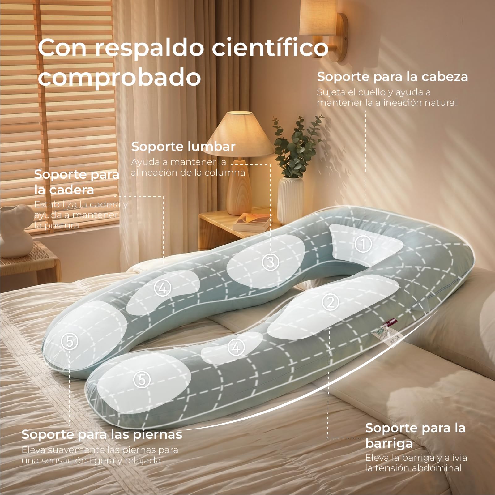 momcozy Almohada Embarazada U 130 cm – Espuma Viscoelástica y Terciopelo Cristal | Almohada para dormir de lado, funda de refrigeración, extraíble y lavable, ahorra espacio, 130 cm, certificado OEKO-TEX