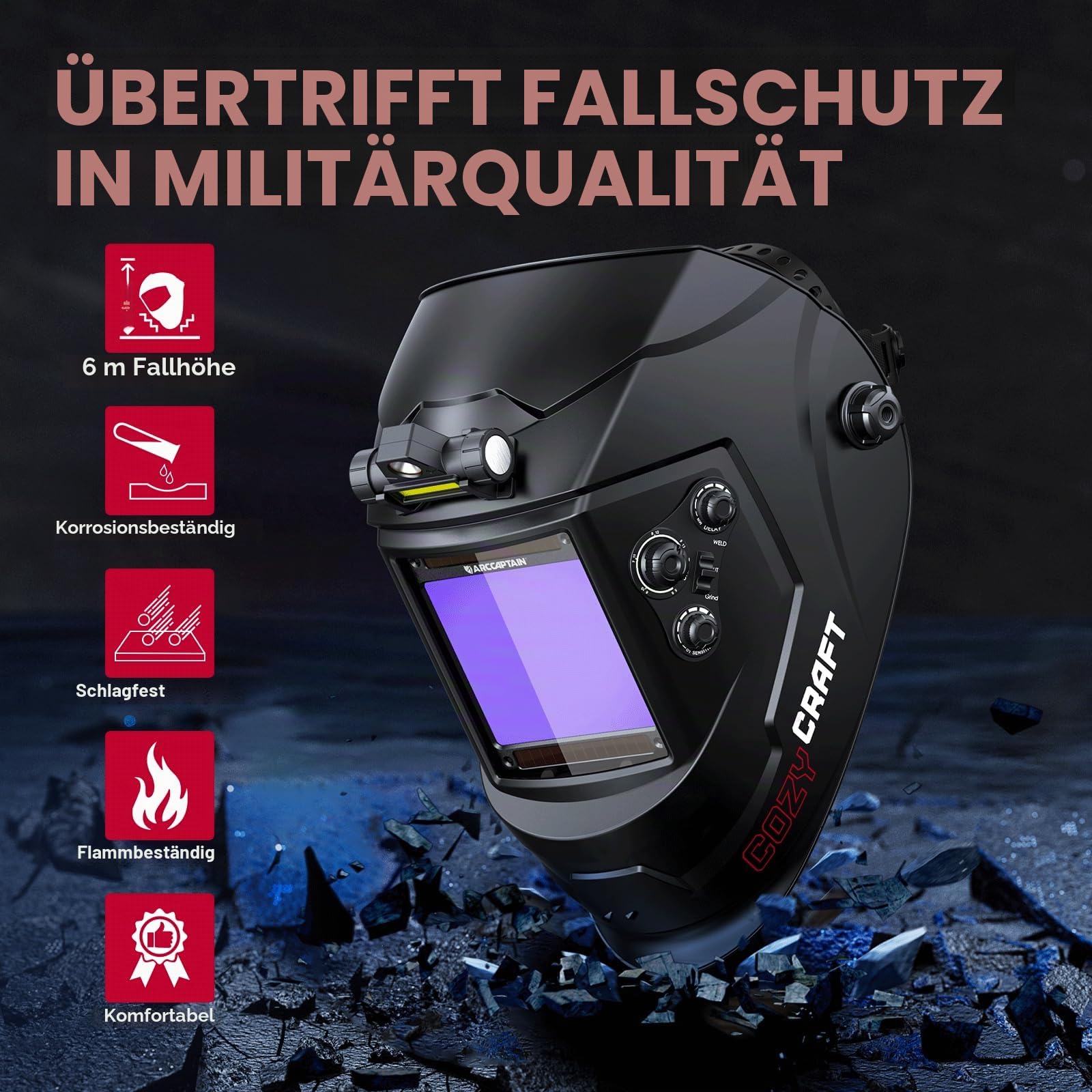 ARCCAPTAIN Schweißhelm mit großer Sicht, 10 x 9,3 cm, echte Farbe, automatische Verdunkelung, mit Licht, solarbetriebene Schweißhaube, 4 Lichtbogen-Sensoren, breiter Schatten 4/5-9/9-13 für Stick MIG