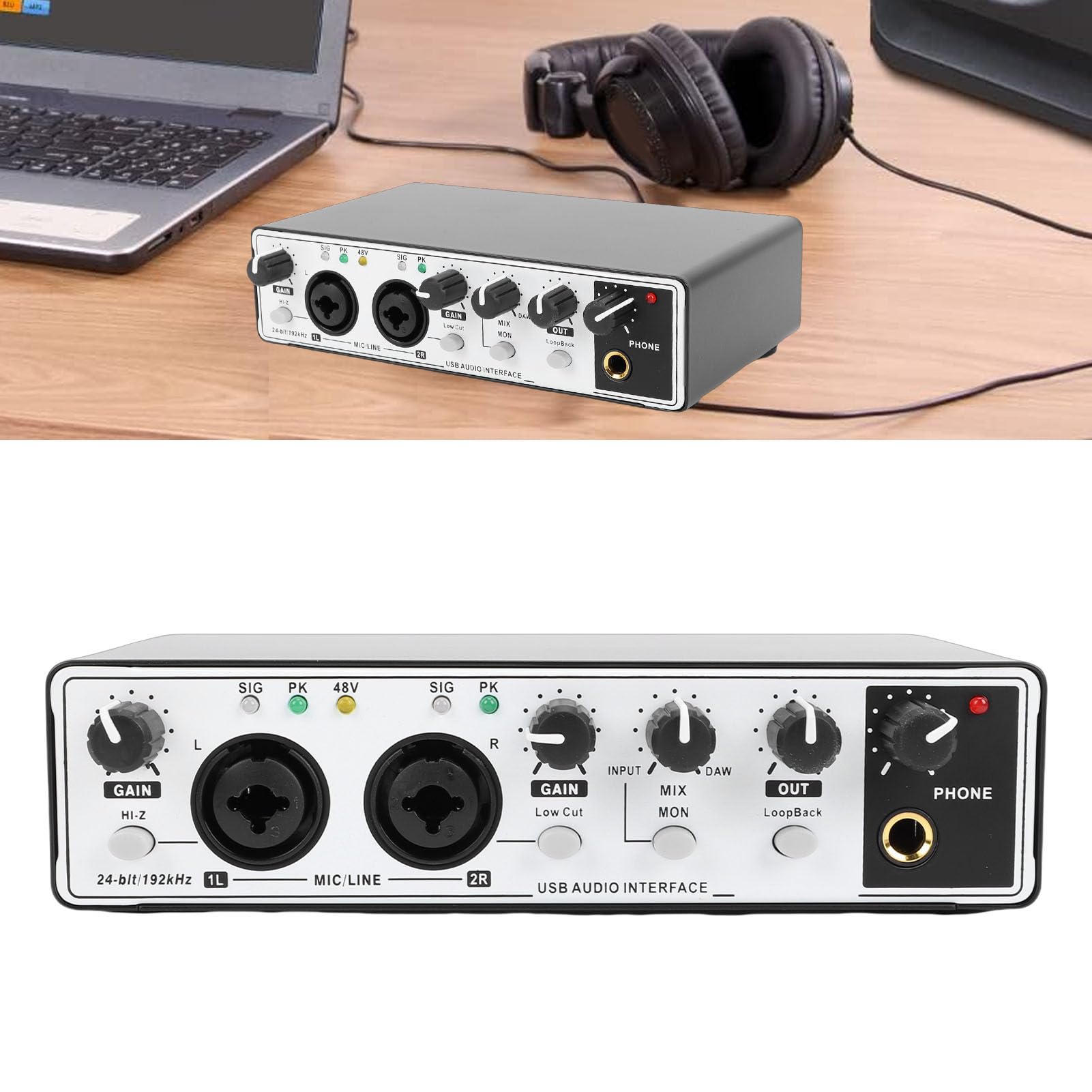 Annadue Interfaz de Audio USB C para Grabación, Streaming y Podcasting con 2 Entradas XLR/TRS, 24 Bits/192 KHz, Alimentación Fantasma de 48 V (blanco negro)