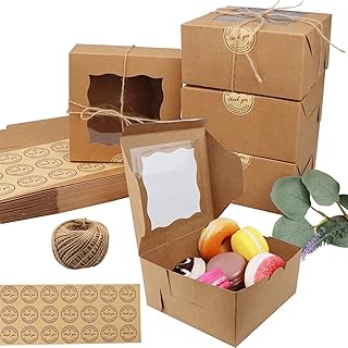 30 Pieces 6 inch Kraft Cake Boxes with Window, Brown Bakery Boxes, Cookie Box with Display, Brownie Boxes, Cardboard Food Boxes Treat Gift Boxes with Stickers for Cupcakes Pastries Donuts by Gbateri
