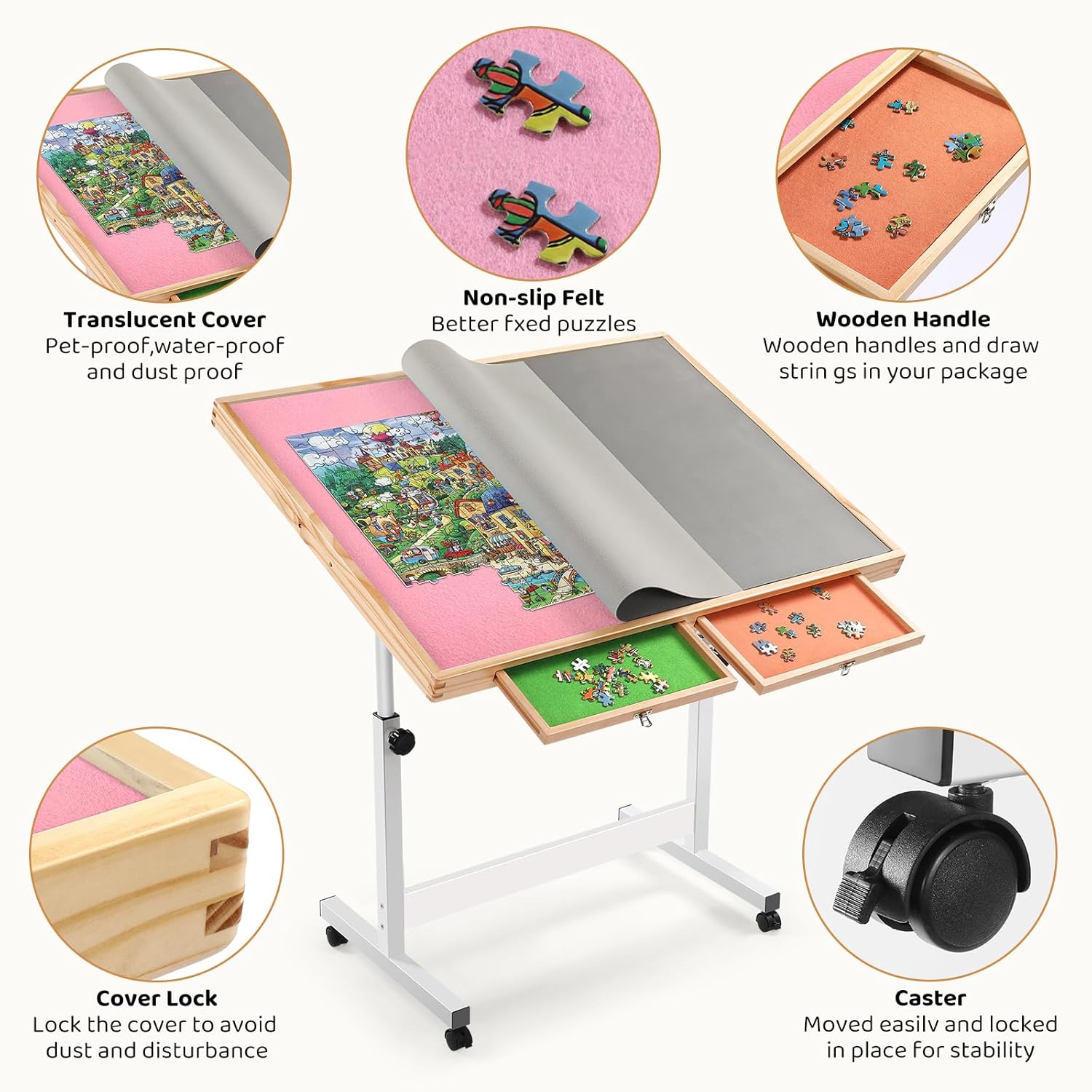 Vasitelan Adjustable Wooden Jigsaw Puzzle Table with Wheels, Puzzle Tables Fits 1500 Piece Puzzles,Wooden Puzzle Board for Adults (Pink, with 2 Drawer)