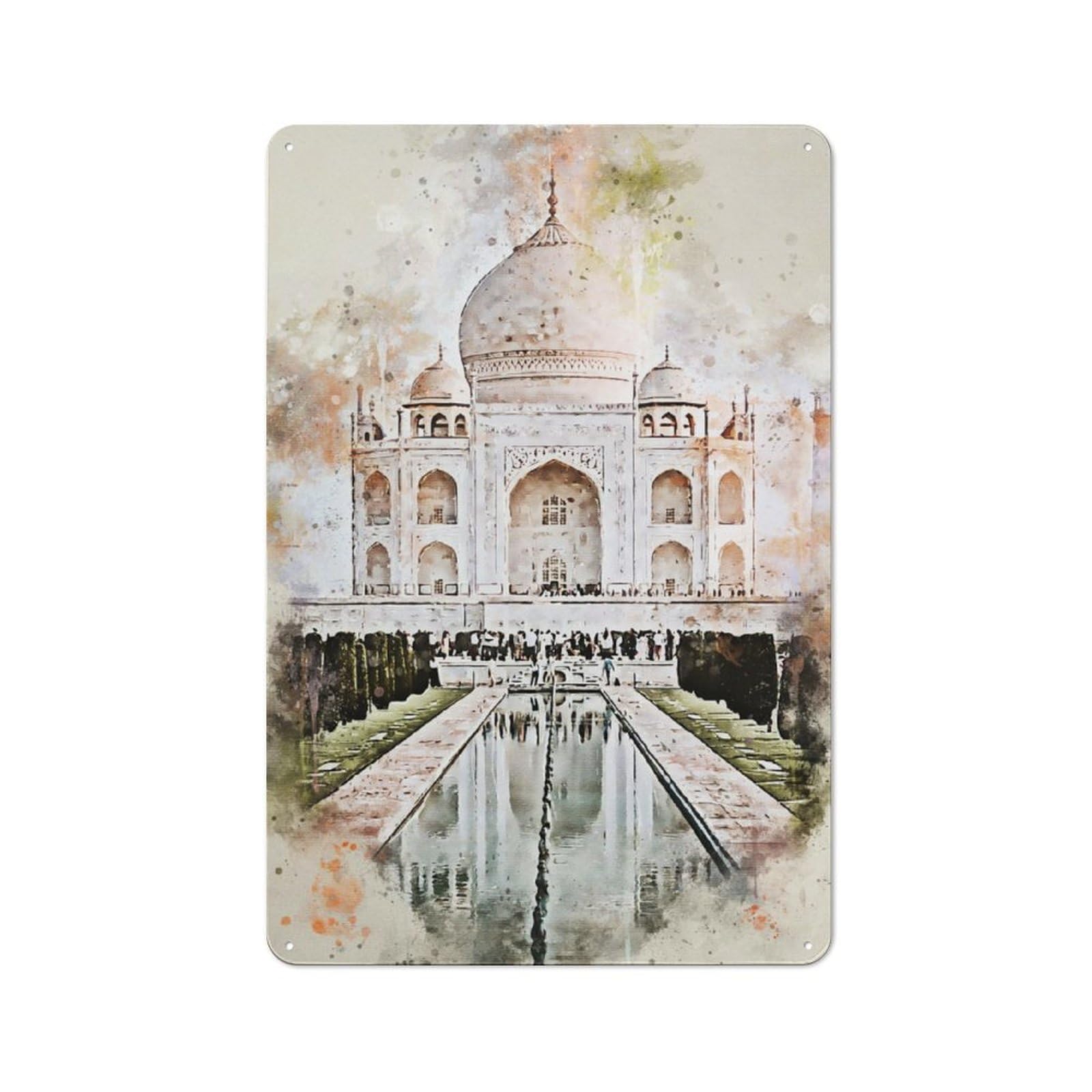 Junmoney Taj Mahal In Watercolor Tin Sign 30X20cm With For Workshop Wall, Rustic Decor, Autumn Room Decor For Fans Of Metal Wall Signs