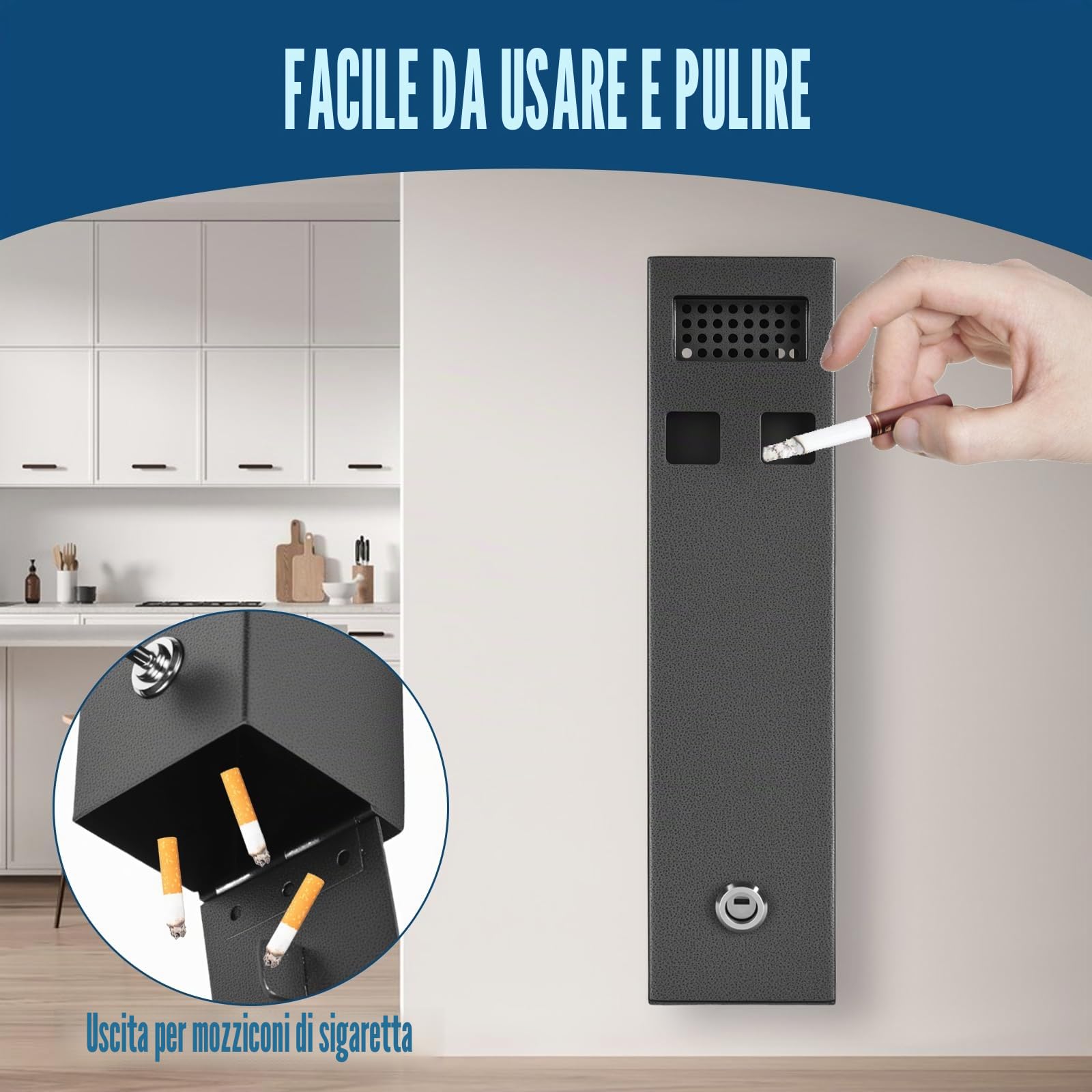 29 x 7 x 7 cm - Posacenere da parete per esterni - Con materiale di montaggio - Chiave - Resistente agli agenti atmosferici - Per giardino, ufficio, hotel, ristorante, strada - Nero