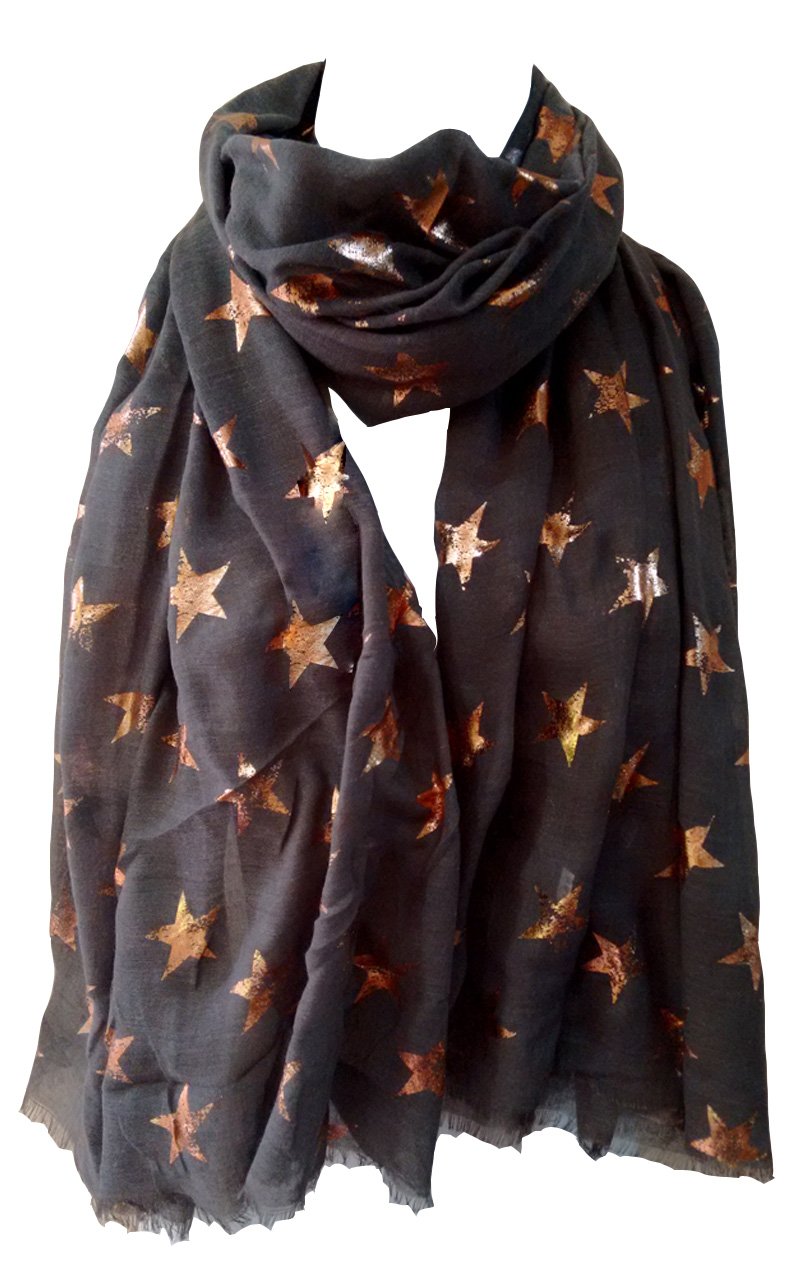 Glamlondon Women's Charcoal Grey Stars Scarf Rose Gold Glitter Foil Antique Star Print Party Wedding Fashion Wrap (Charcoal Grey)
