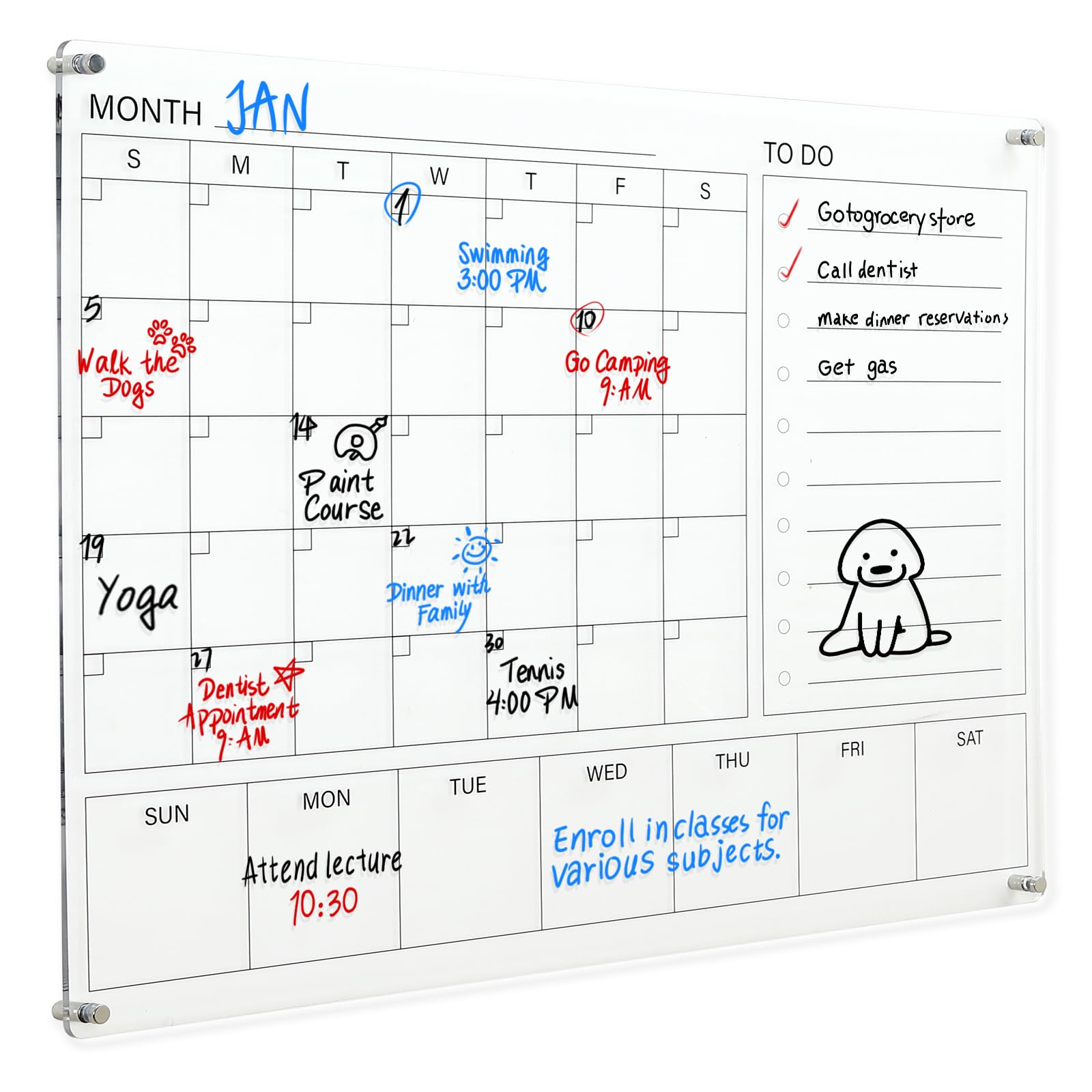Photo 1 of MAKELLO Clear Acrylic Monthly Calendar Dry Erase Weekly Planing Board for Family, Home, Office, School with 4 Pens, Pen Holder, Wall-Mount Screws, 32x24 in Acrylic-3 in 1 32x24in