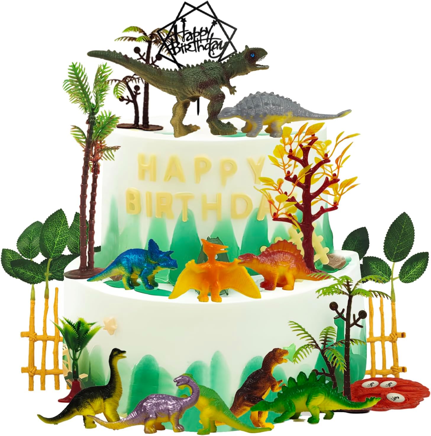 30 pcs Dinosaur Cake Toppers With Dinosaur Eggs Leaves Trees Cake Decorations for Boys Birthday Party Dinosaur Themed Party Wild Animals Kids Party Supplies