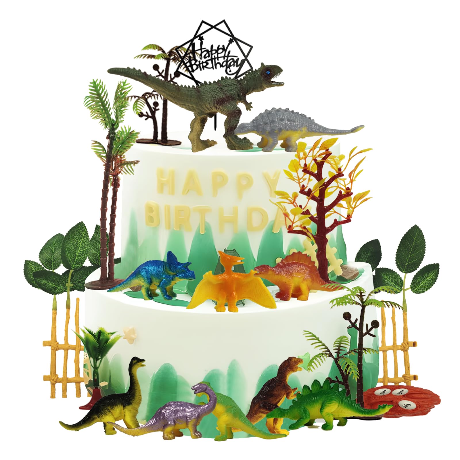 30 pcs Dinosaur Cake Toppers With Dinosaur Eggs Leaves Trees Cake Decorations for Boys Birthday Party Dinosaur Themed Party Wild Animals Kids Party Supplies