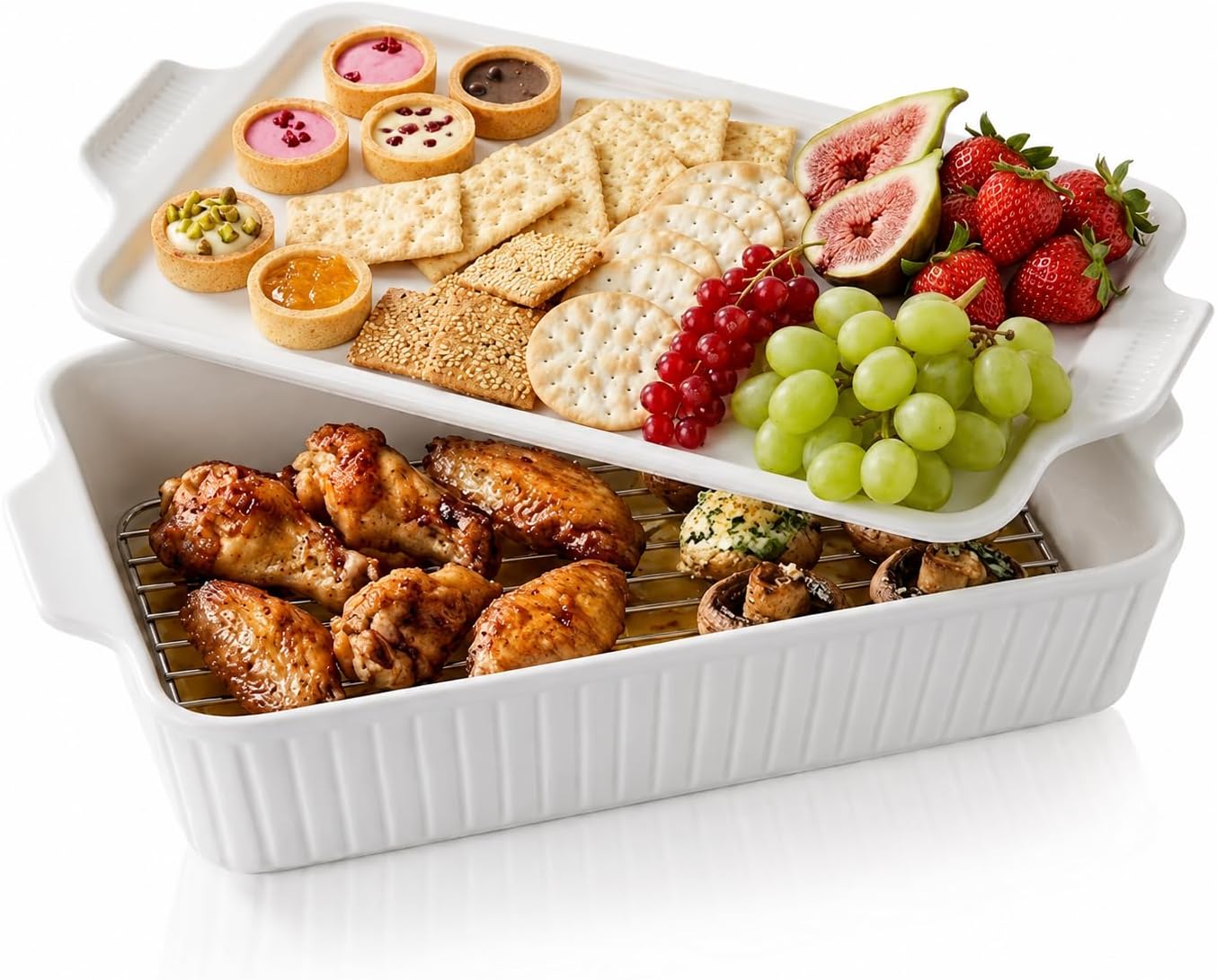 Ceramic 5.2 Qt Baking Dish with Lid & Roasting Rack, 9"x13" Casserole Dish