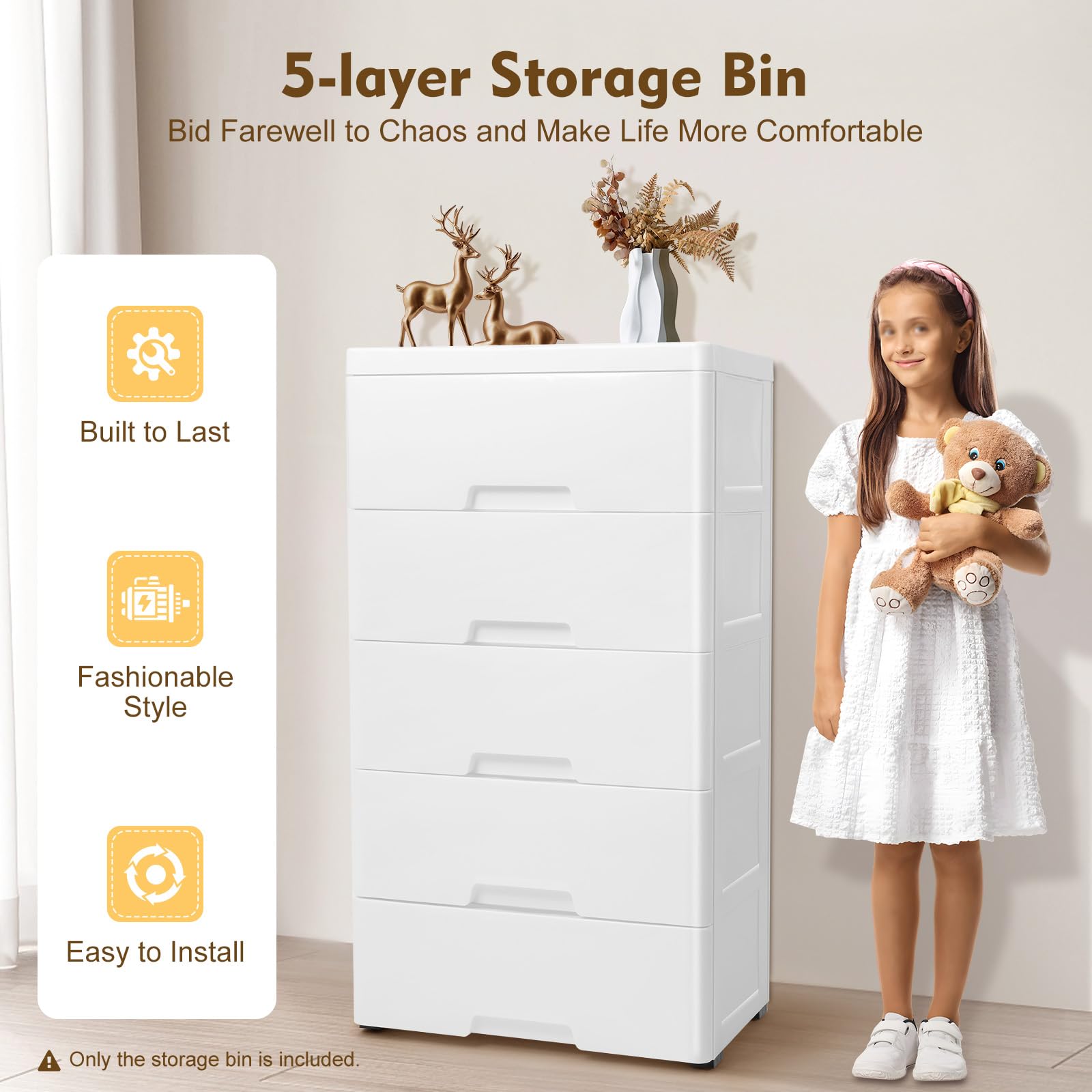 Pxolerig Plastic Drawers Dresser, Storage Cabinet with 5 Drawers,Closet Drawers Tall Dresser Organizer for Clothes,Playroom,Bedroom Furniture, Large Containers Organizer Unit, White