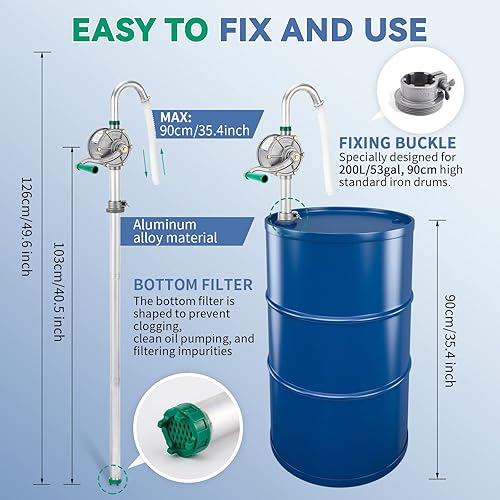 Miniatura 4 de Poafamx Bomba de tambor de aluminio de 5-55 galones, bomba de transferencia de aceite manual rotativa de 8 GPM, 50 pulgadas para barril de