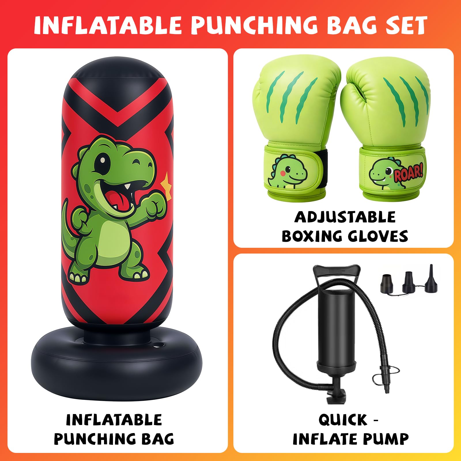Ninonly Sacco da Boxe per Bambini Gonfiabile 130cm, Sacco da Boxe in Piedi per Bambini 3-8 Anni con Guantoni da Boxe & Pompa per Aria, Allenamento Karate Taekwondo MMA, Design Dinocool