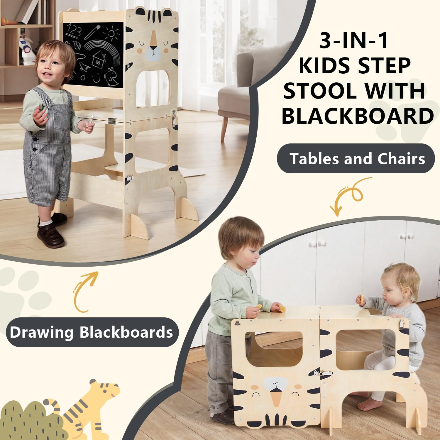 labebe lernturm für Kinder, klappbar Montessori Learning Tower, 3 in 1 lernstuhl Kinder mit Message Boards ab 1 Jahr-Tiger