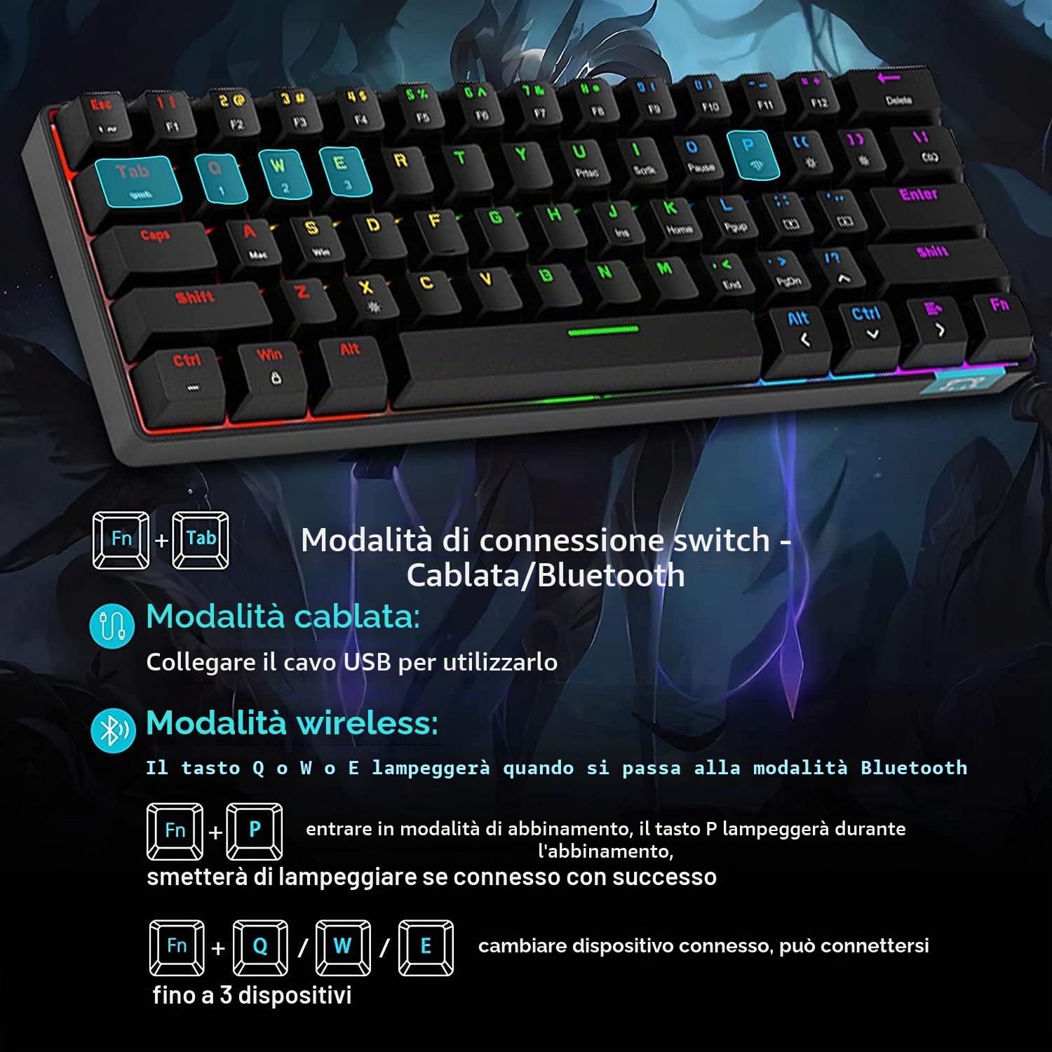 Tastiera meccanica al 60% con cavo / senza fili Tastiera Bluetooth 5.0 RGB Arcobaleno retroilluminato a LED USB Type-C Tastiera da gioco impermeabile Tasti anti-ghosting (interruttore marrone)