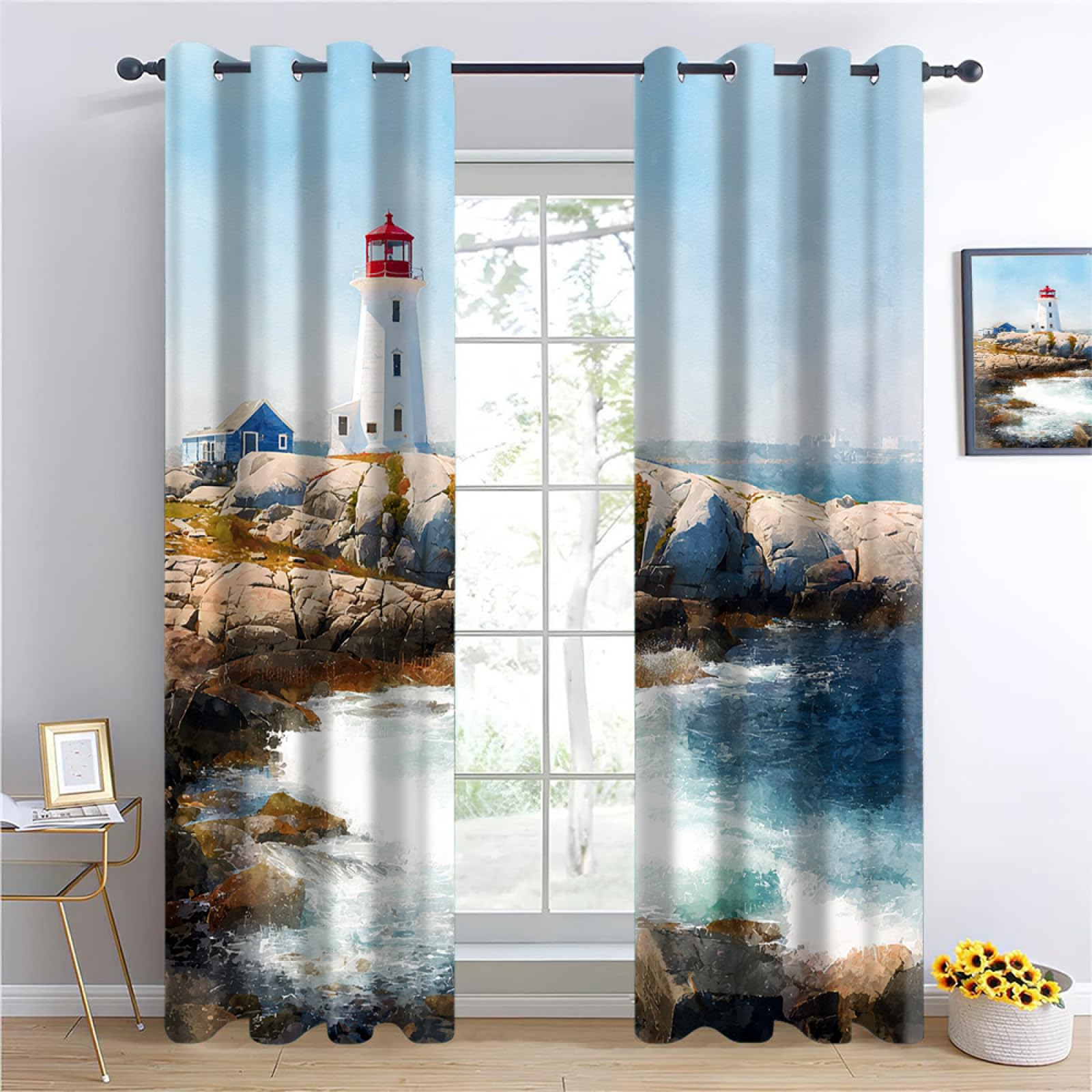 YNIOFU lighthouse Insulated Blackout Curtains,rocky coast Bedroom Curtains, Watercolor Lighthouse Drapes for Kids Nursery, Coastal scenery Living Room Printed Noise Reducing W96 x L183cm 2 Panels