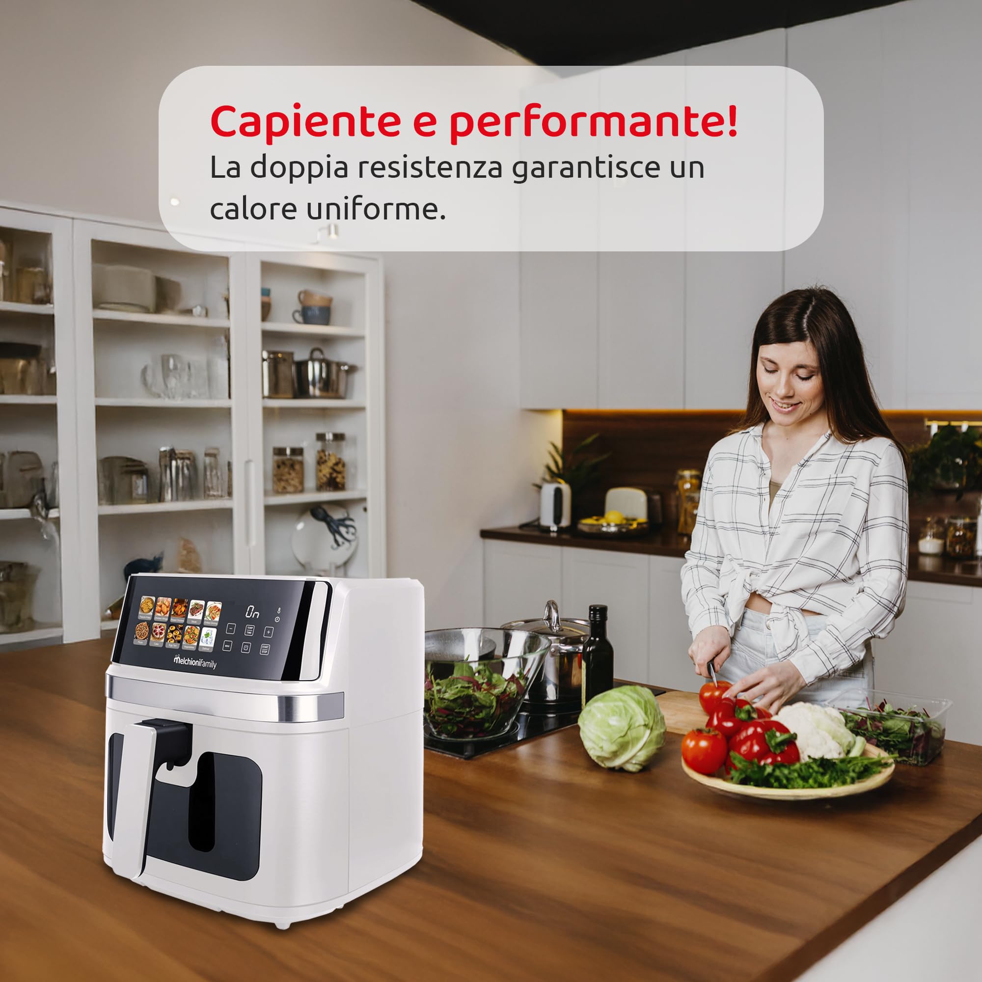 Melchioni Family | GAIA PLUS Friggitrice ad Aria 8L XXL con Doppia Resistenza Air Fryer Senza Olio, 10 Programmi, Display LED, Timer 60 min, Temperatura 80°-200°C, 2200W