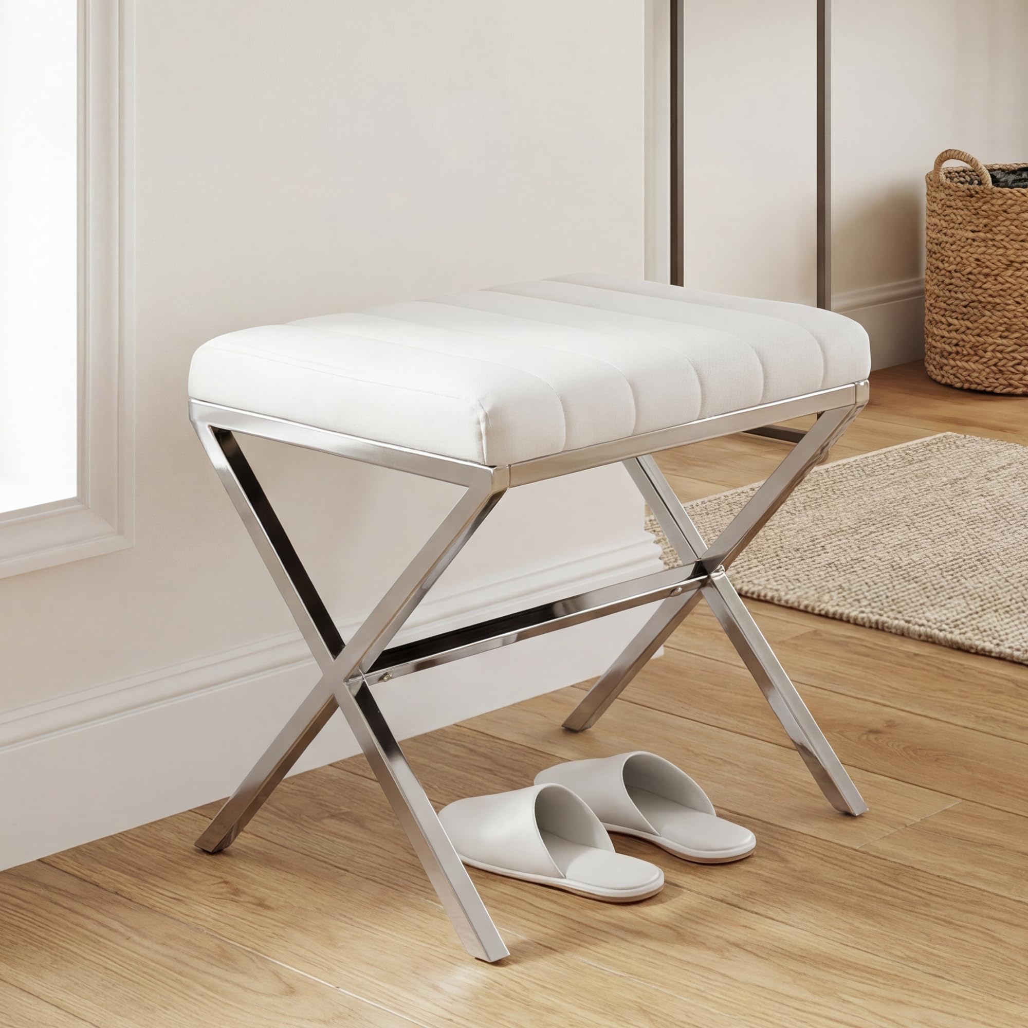 DUHOME Tabouret de Maquillage Rembourré Pouf Coiffeuse Moderne Ottoman X Leg Sièges Piano Pieds en Métal pour Chambre Salon Toilette, Blanc