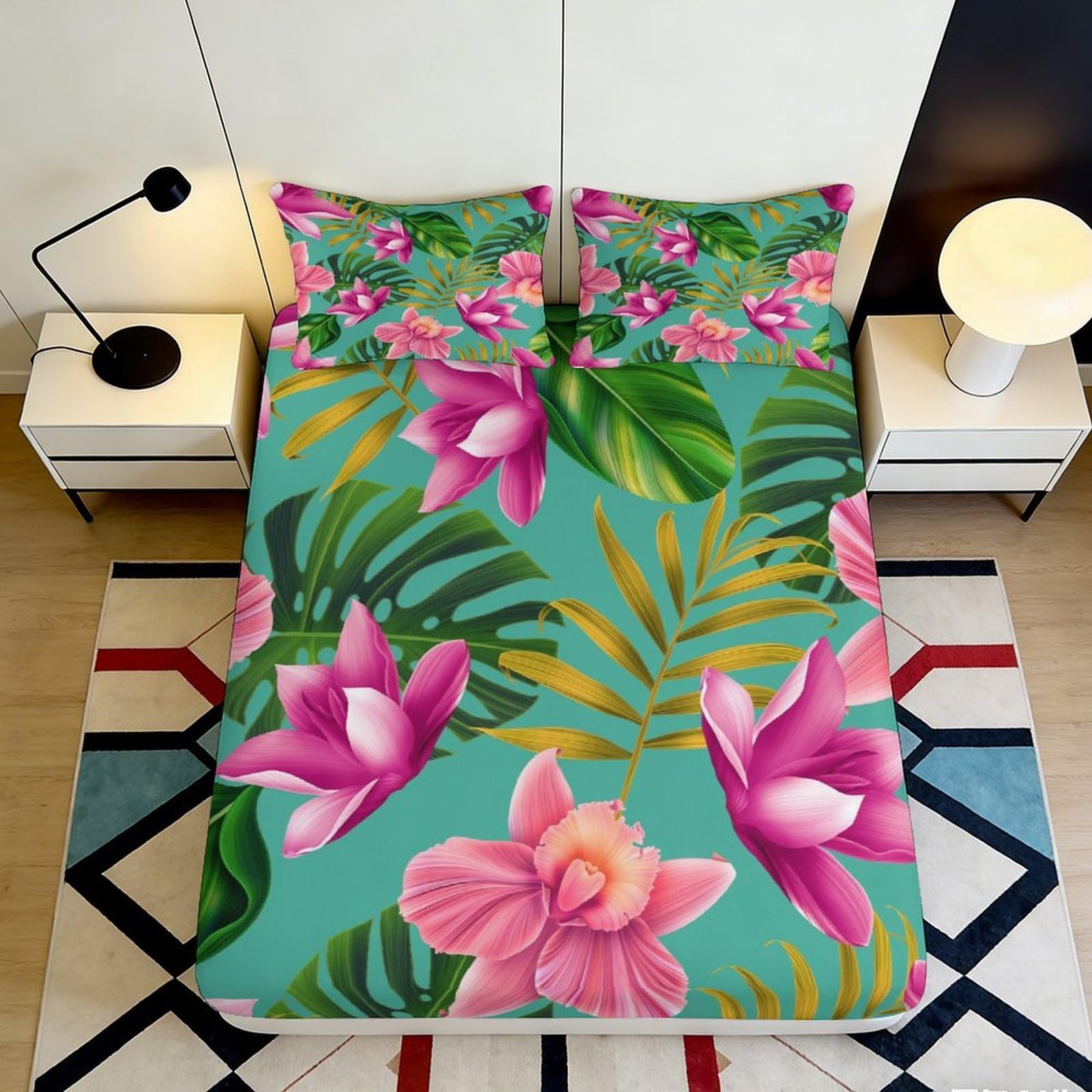 Pnayamiorkfel Style-8 3D Printed Tropical Orchid Fitted Sheet Microfiber Soft Green Leaf Mattress Cover For Bedroom Guest Room Decor 90X200x25cm