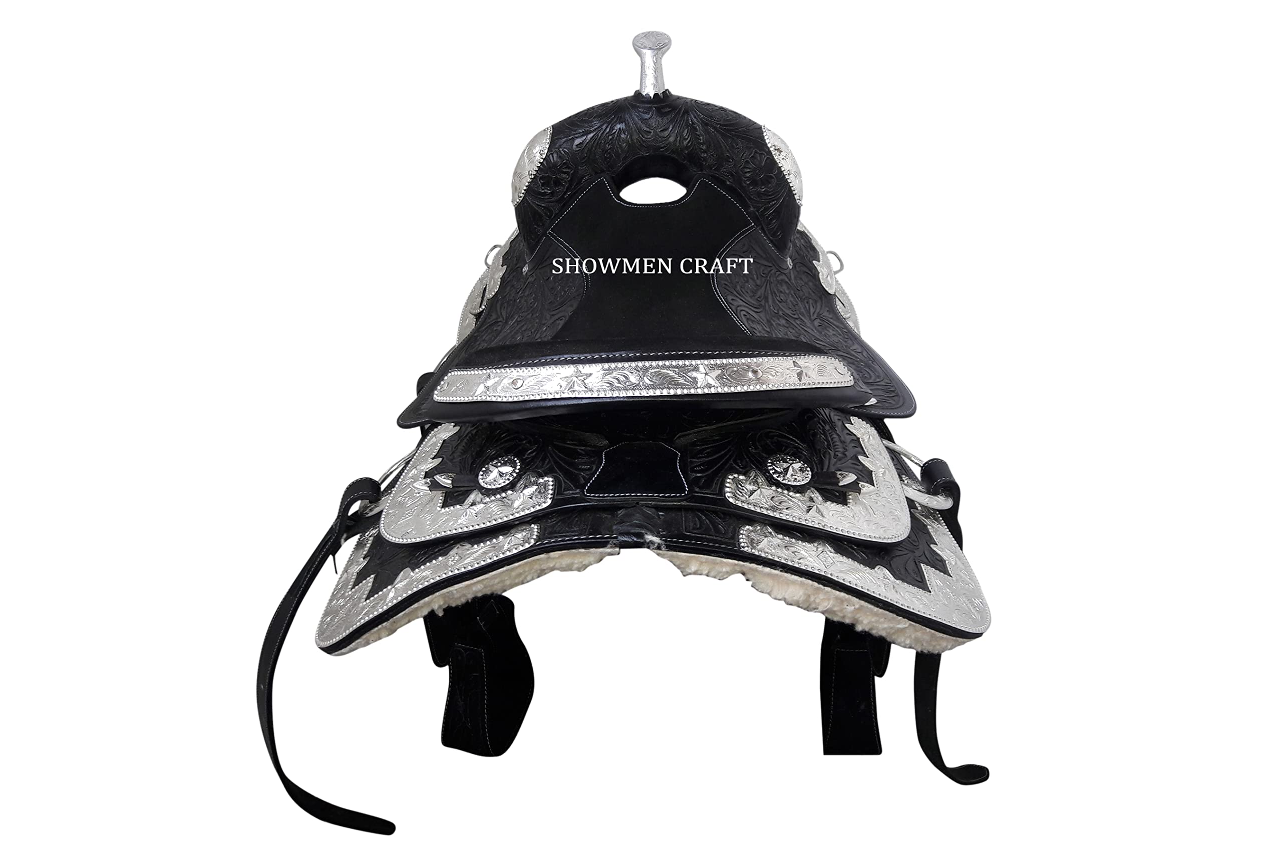 Western Saddle w pełni dekoracyjny srebrny strój wystawowy z nakryciem głowy i rozmówcą piersi (40 cm)
