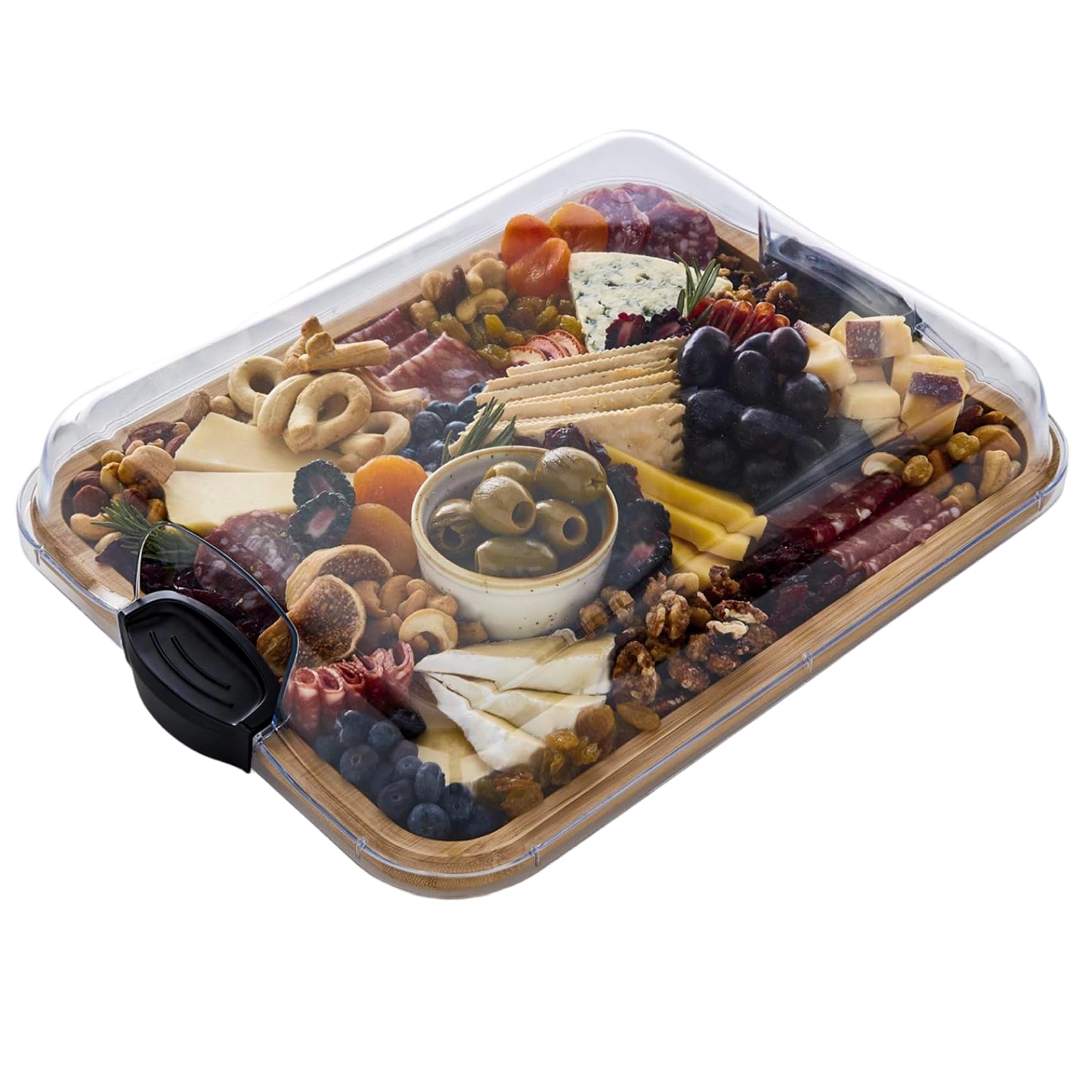 Tablero de charcuterie con tapa, 15x11.3 pulgadas 2 en 1 tablero de corte de bambú con tapa y manijas de bloqueo transparentes, bandeja de madera para bocadillos y queso servidor