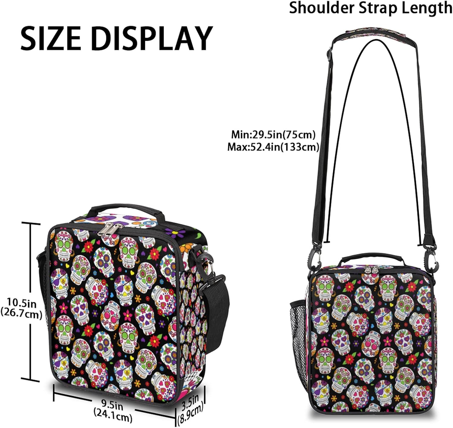 Sugar Skull Lunch Bag Kids Insulated Lunch Bag for Girls Boys Durable Lunch Cooler Lunchbox Tote Bag for Women Men Work School Picnic