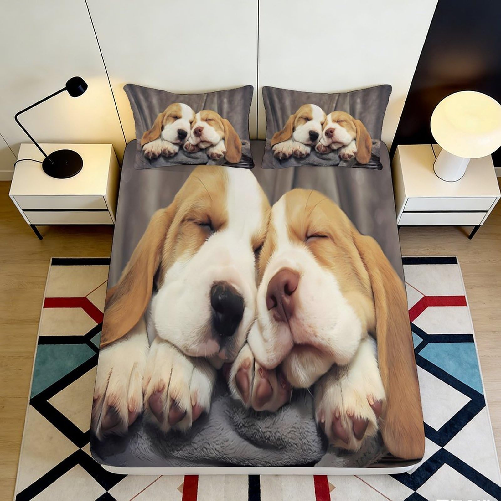 3D Printed Sleeping Beagle Dogs Fitted Sheet Microfiber Soft Non Slip Cute Puppy Bed Cover for Bedroom Guest Room 90x200x25cm