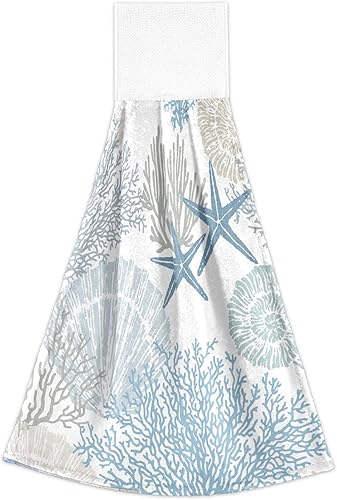 Miniatura 2 de Marine Sea Shells - Juego de 2 toallas de mano decorativas suaves y absorbentes para baño, toalla de microfibra colgante de secado rápido para el