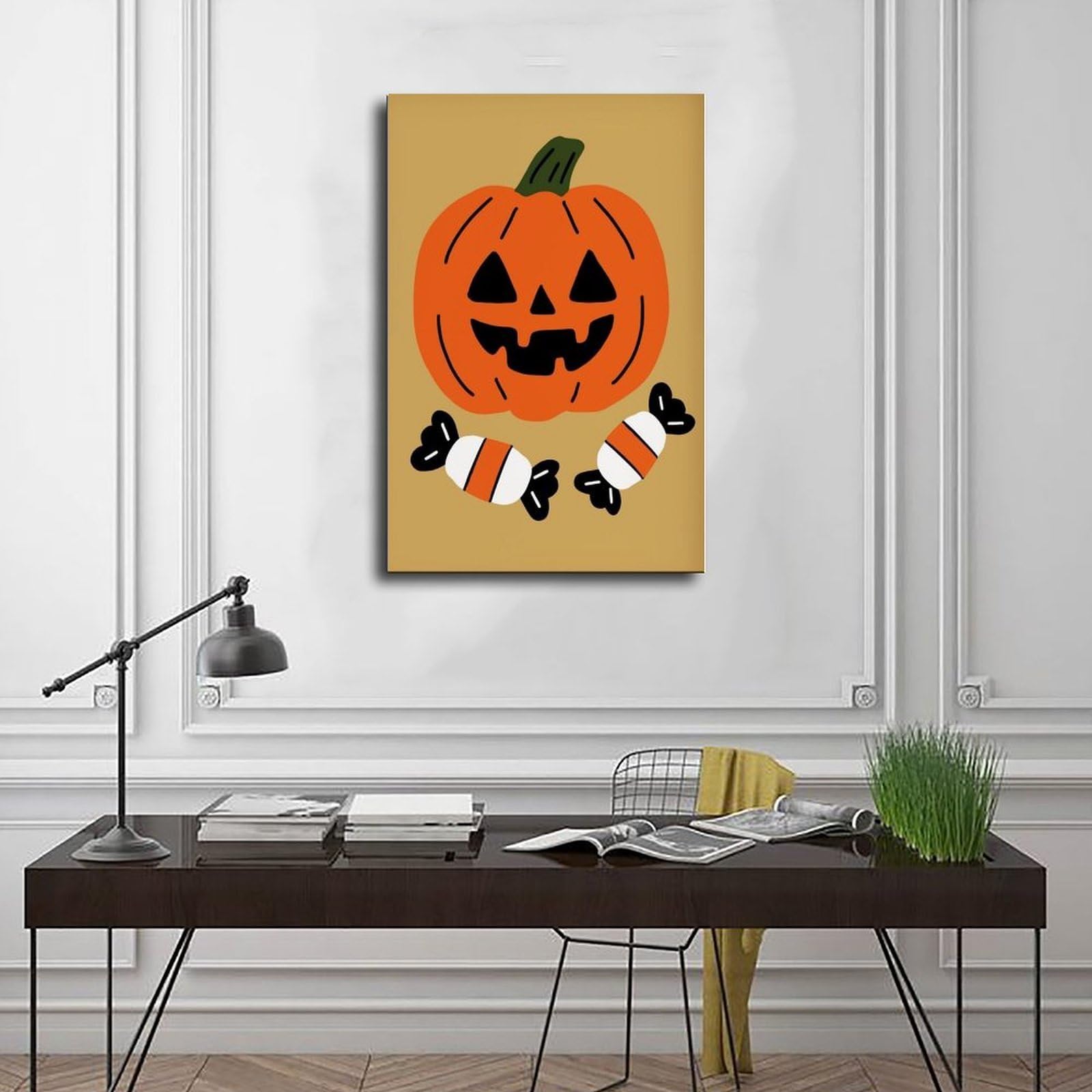 Lienzo minimalista con diseño de calabaza, caramelo, Halloween, Jack-o'-lantern y caramelos, dulce o truco, naranja, mostaza, arte de pared, pósteres e impresiones estéticas para habitación