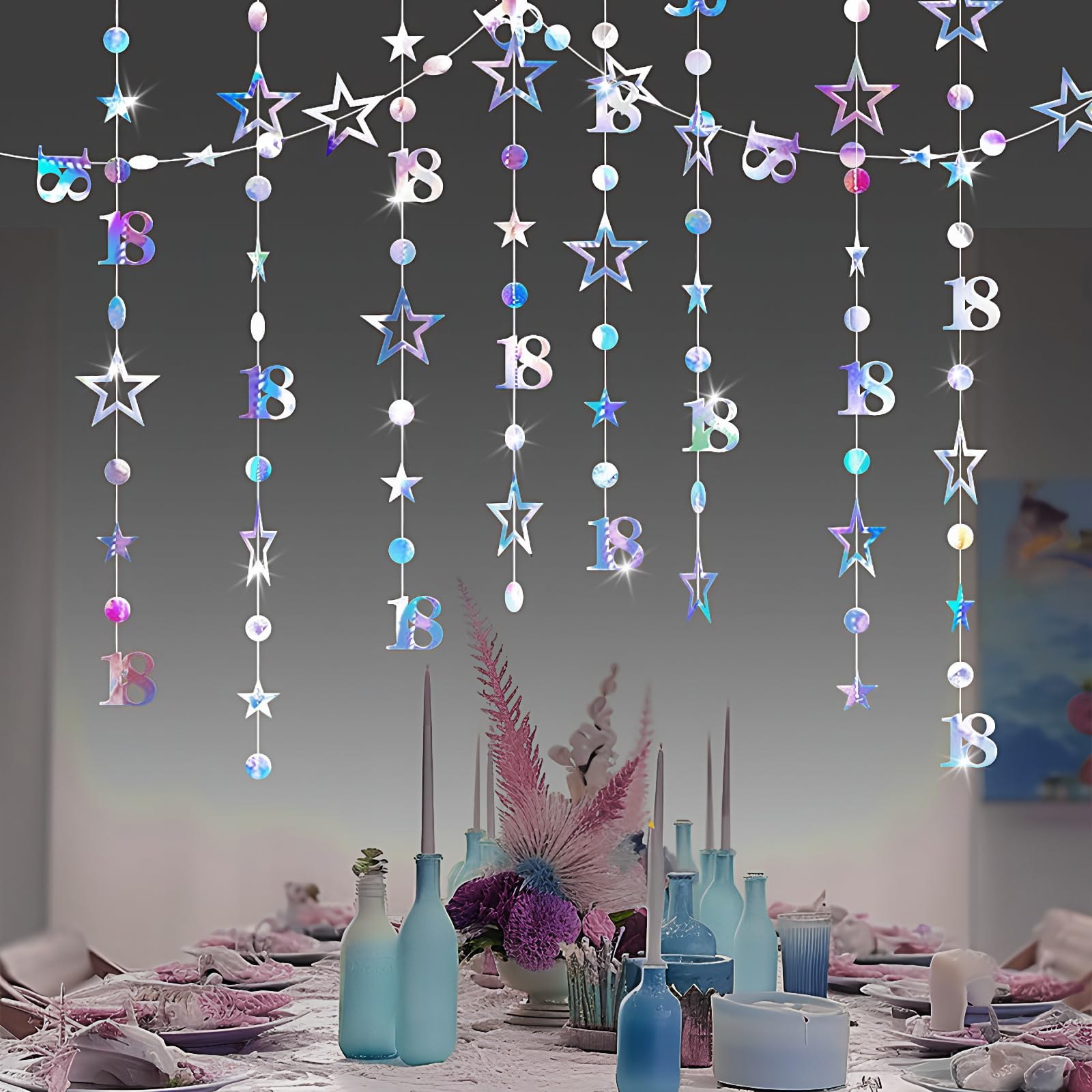 Zhiaek 12m 18th Birthday Decorations Iridescent 18th Birthday Banner Number 18 Circle Dot Star Garland Paper Decorations Hanging for Holiday Wedding Anniversary Theme Party Supplies