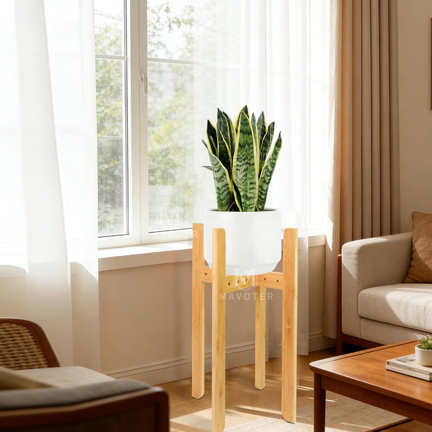 Adjustable Plant Stand Indoor,23.6" Tall Bamboo Mid Century Modern Plants Stands Fits 8-12 Inch Pots,Stable Single Floor Corner Flower Pot Holder for Living Room, Balcony