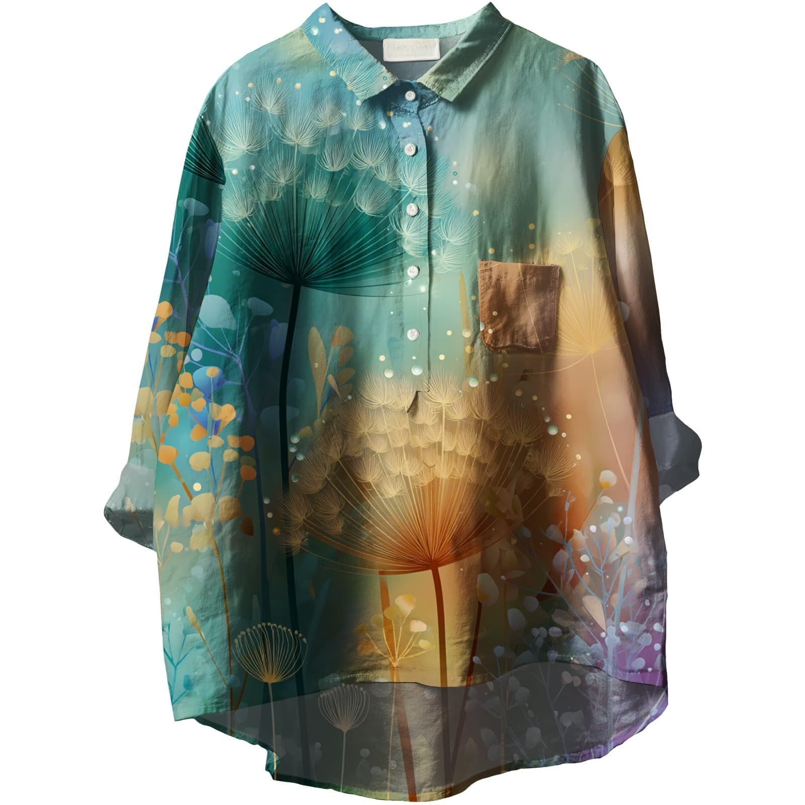 ZOCANIA Women's Button Down Shirts Printed Graphic Floral Shirt for Women Collared Long Sleeve Blouses with Pocket Cyan Orange X-Large