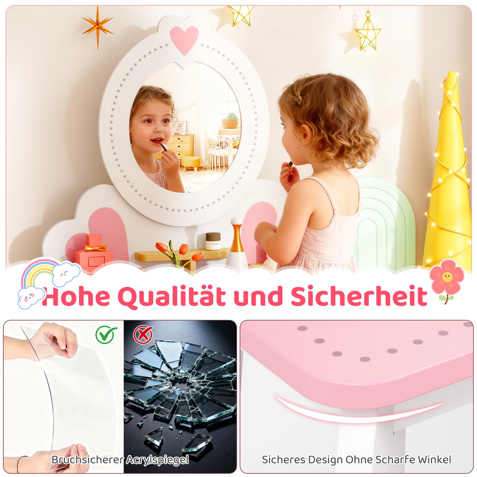 MAMIZO Schminktisch Kinder mit Abnehmbarem Spiegel, Kinderschminktisch Holz mit Hocker, 2 in 1 Prinzessin Frisiertisch, Kinderschreibtisch, Schminktisch Mädchen ab 3 Jahre, 50x33x91cm, Weiß