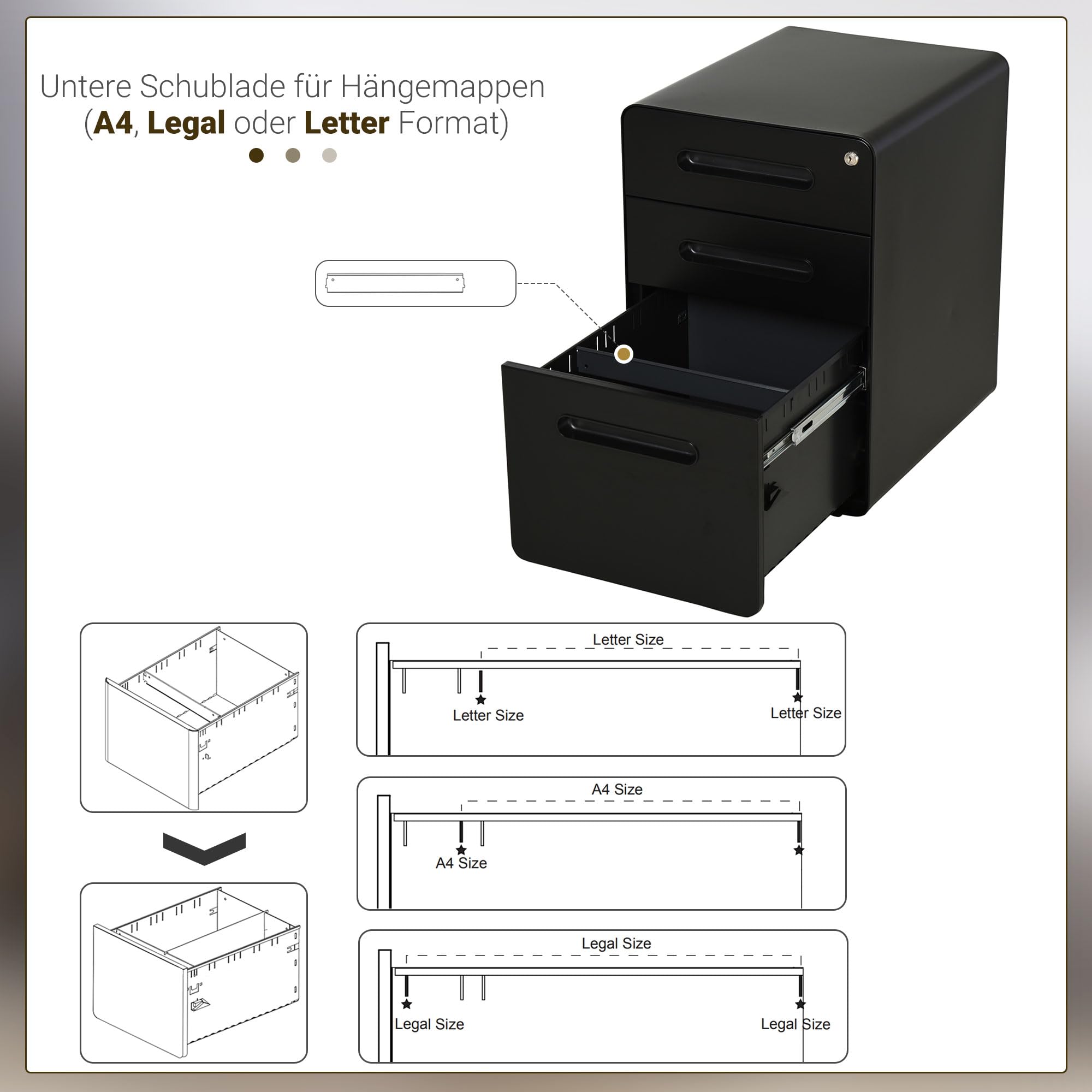 Vinsetto Rollcontainer mit 3 Schubladen Abschließbar 39x48x59cm Schwarz | Mobiler Aktenschrank mit Rollen, Büroschrank mit Hängeregistratur, Stiftfach, Bürocontainer Schreibtisch Unterschrank