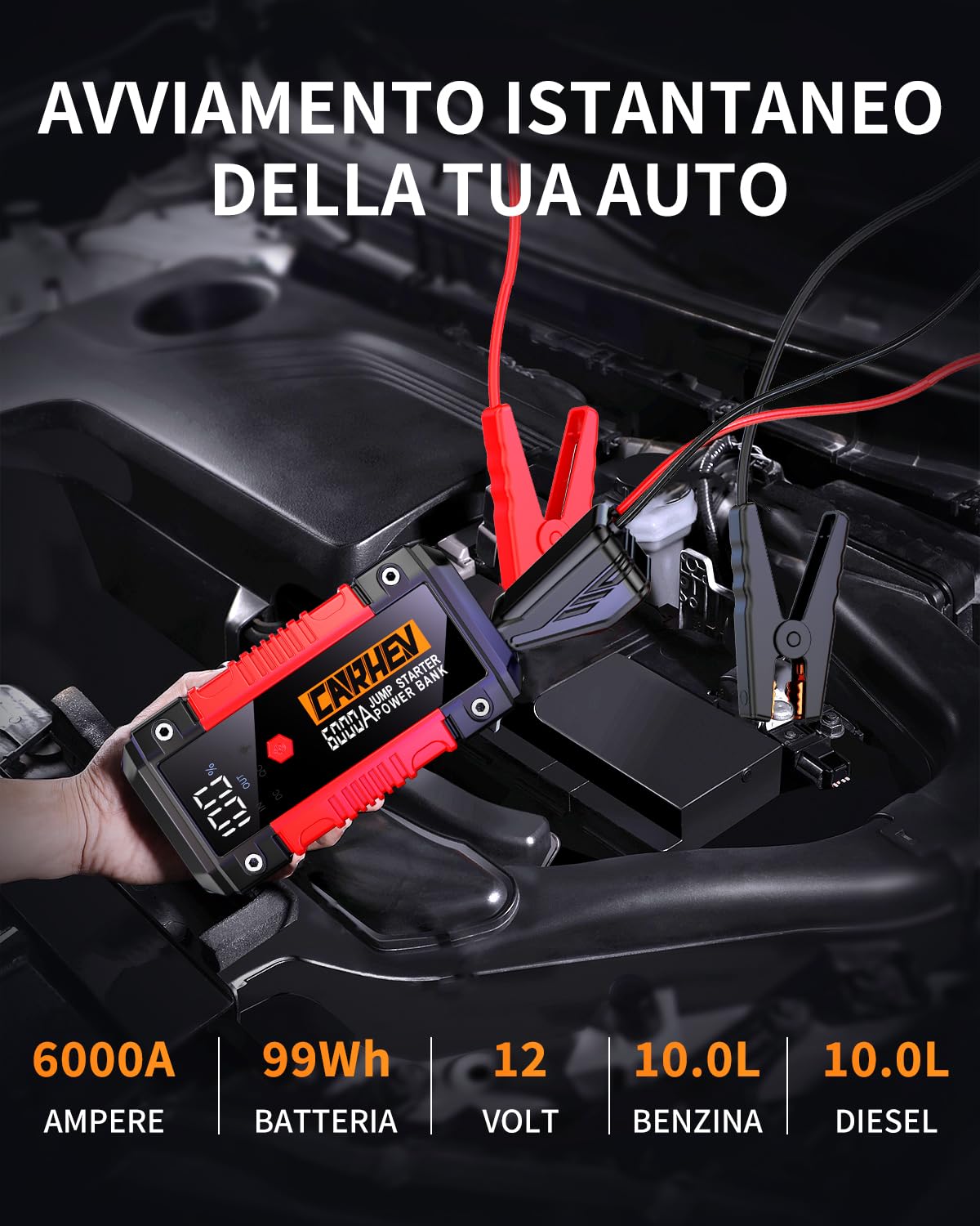 CARHEV Avviatore Batteria Auto, 6000A Avviatore di Emergenza per Auto(Fino a 10L Benzina/10L Diesel), 12V Booster Avviamento Autos, Starter Batteria Autos Portatile con Torcia a LED, Uscita USB Rapida
