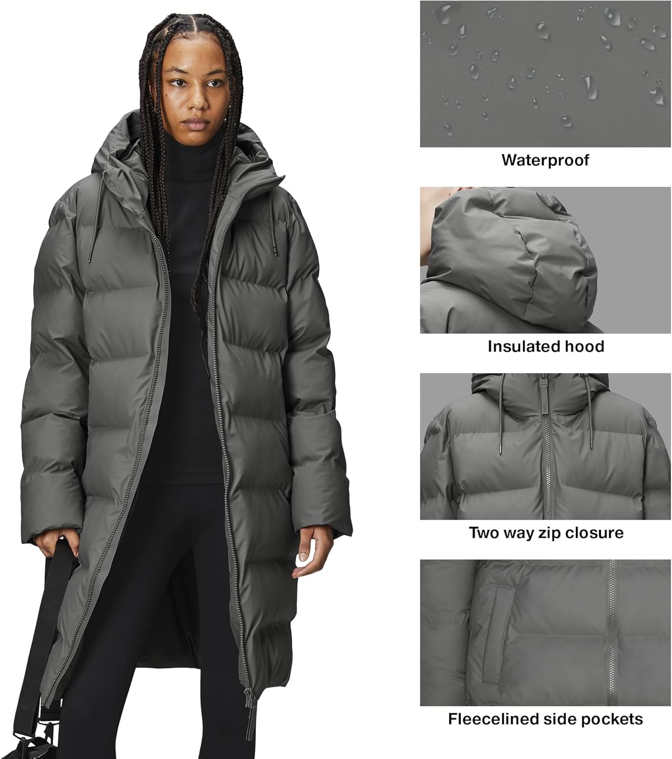RAINS Alta Puffer Jacket - Waterproof Winter Coat, Insulated Hood, Lightweight, Fleece Pockets, Warm for Cold Weather - Image 2