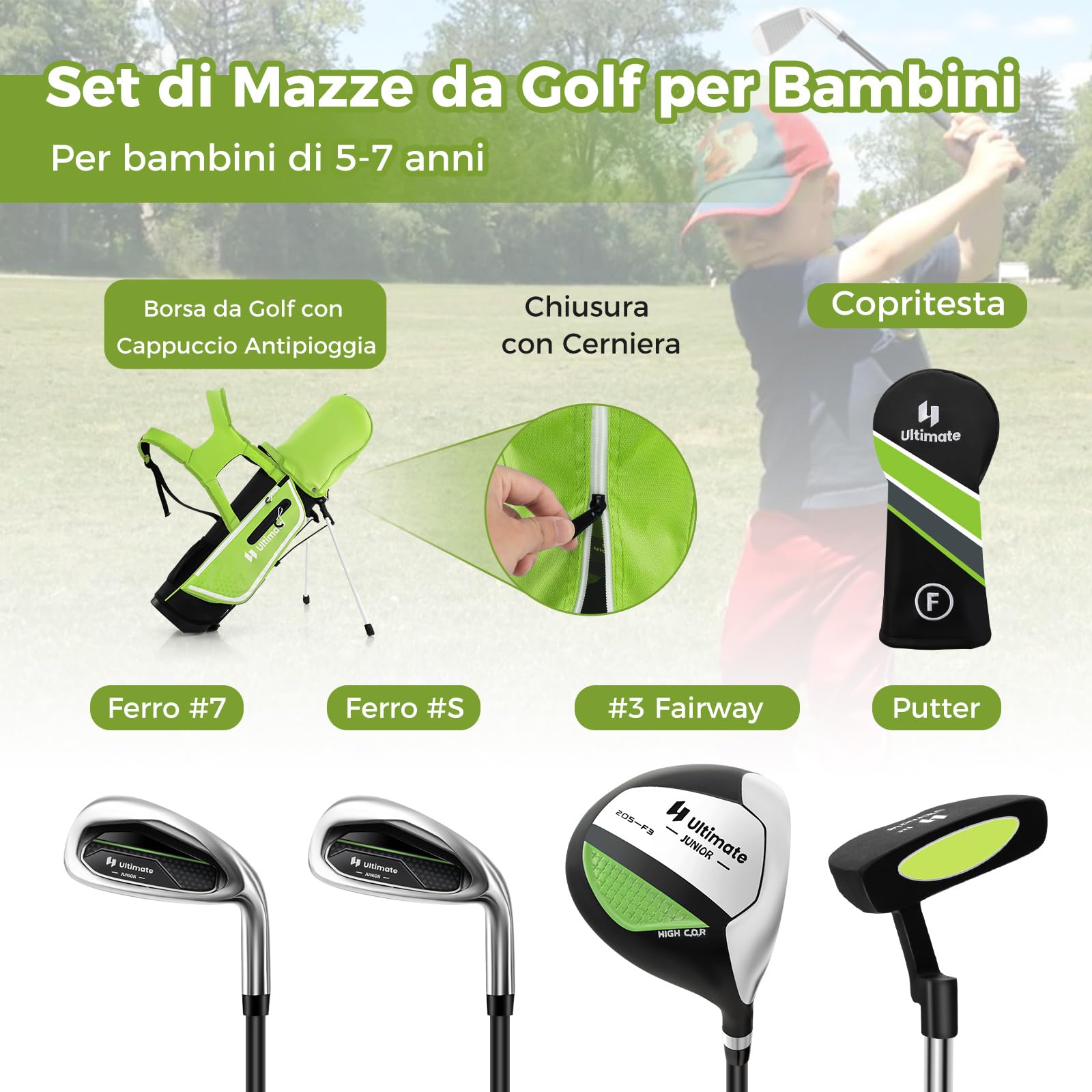 COSTWAY Set di Mazze da Golf per Bambini 5-7 Anni, Set Allenamento Golf con Sacca, Fodera Impermeabile, Legno di Fairway 3, Ferro 7, Ferro S e Putter per Bambini e Bambine, Destrorso