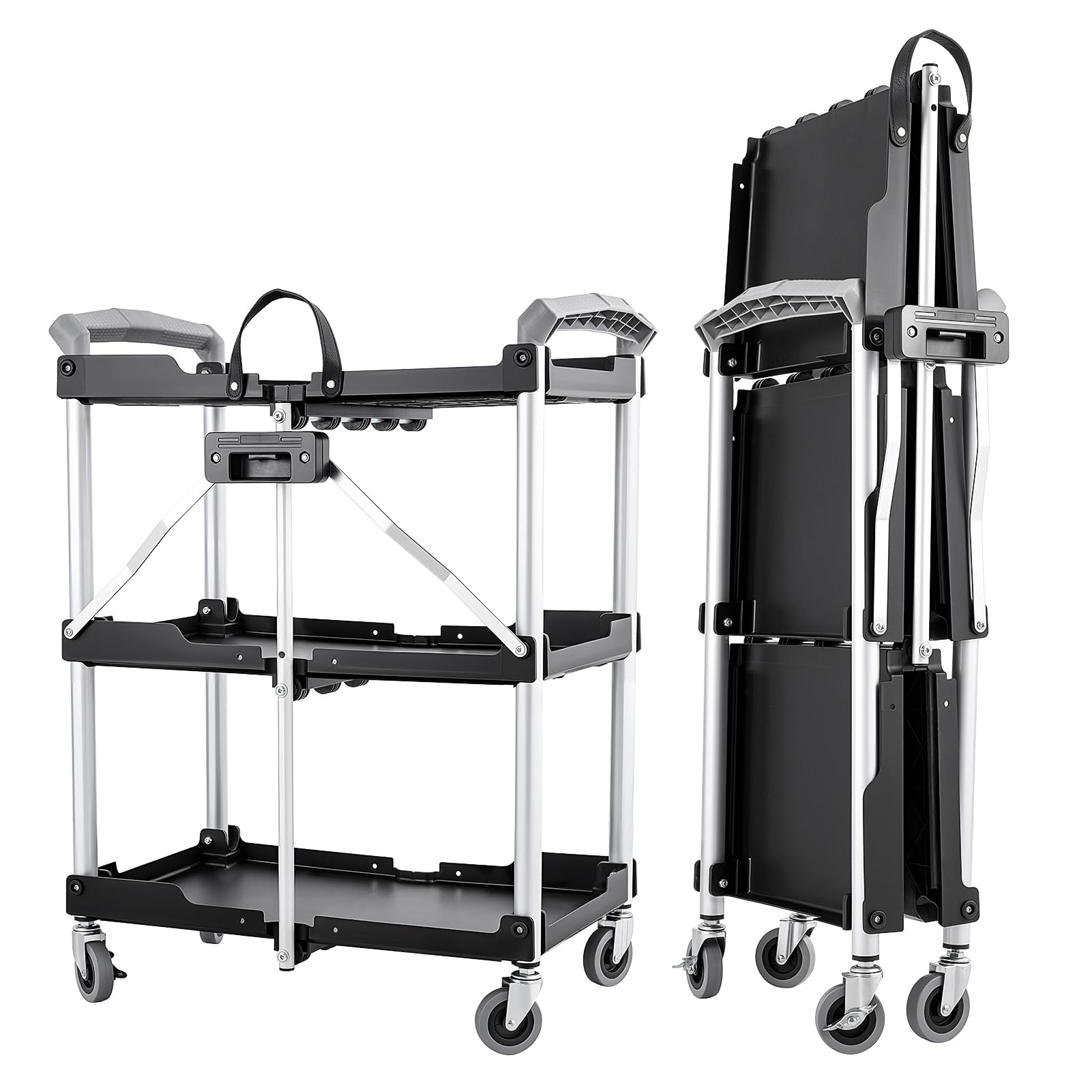 LoJok 3-Tier Collapsible Cart with Wheels, 240LBS Load Capacity Folding Utility Cart for Garage, Office, Storehouse, Kitchen