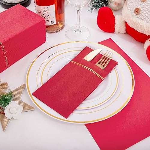 Miniatura 2 de Nervure 100 servilletas de papel rojo con bolsillo integrado para cubiertos, tela preplegada roja y dorada como servilletas desechables, servilletas