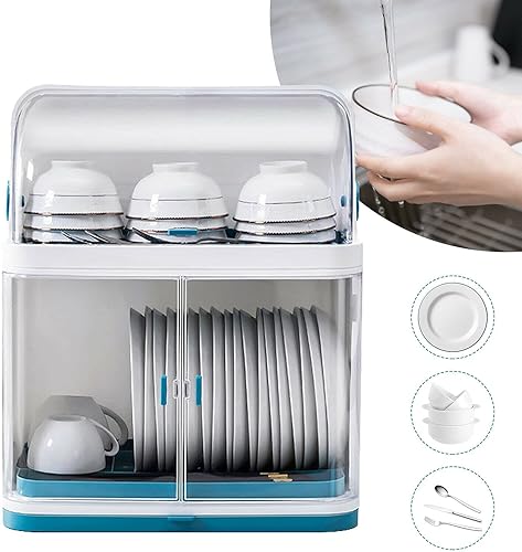 Miniatura 3 de Escurridor de platos de cocina, caja de almacenamiento de plástico a prueba de polvo de 2 niveles, cesta para cubiertos, organizador de utensilios