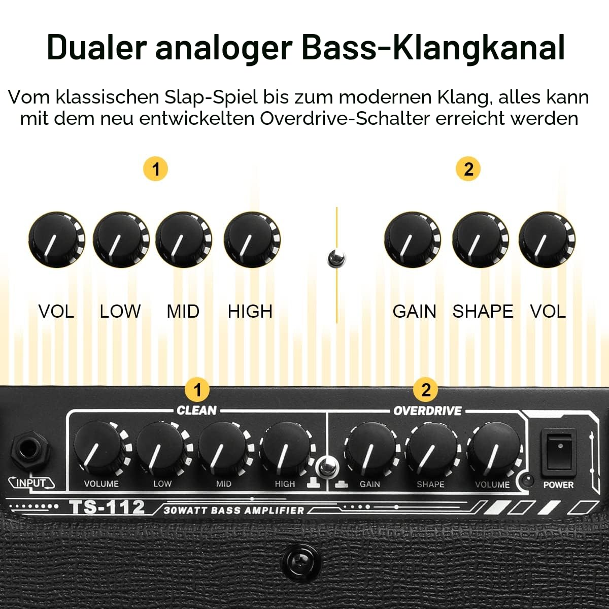 TS-112 Bass-Gitarrenverstärker 30 W E-Bass-Kombi-Verstärker mit integriertem Reinigungs- und Verzerrungs-Overdrive-Dual-Ton-Schaltübungen
